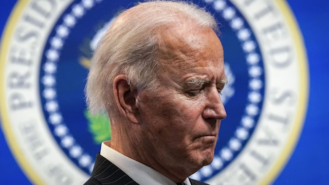 WASHINGTON, DC - JANUARY 25: U.S. President Joe Biden pauses while speaking after signing an executive order related to American manufacturing in the South Court Auditorium of the White House complex on January 25, 2021 in Washington, DC. President Biden signed an executive order aimed at boosting American manufacturing and strengthening the federal governments Buy American rules.