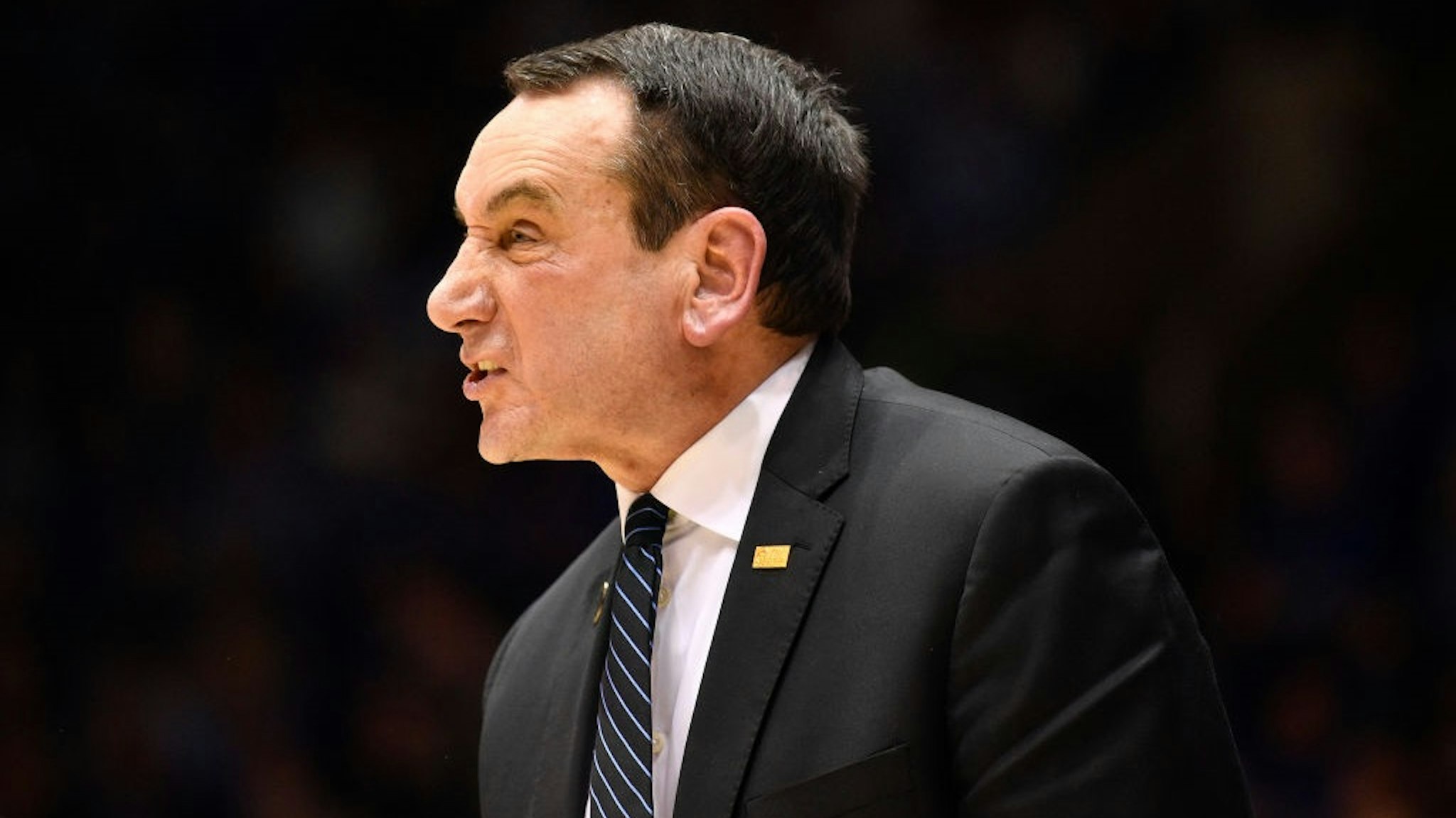 DURHAM, NORTH CAROLINA - MARCH 07: Head coach Mike Krzyzewski of the Duke Blue Devils reacts during the second half of their game against the North Carolina Tar Heels at Cameron Indoor Stadium on March 07, 2020.