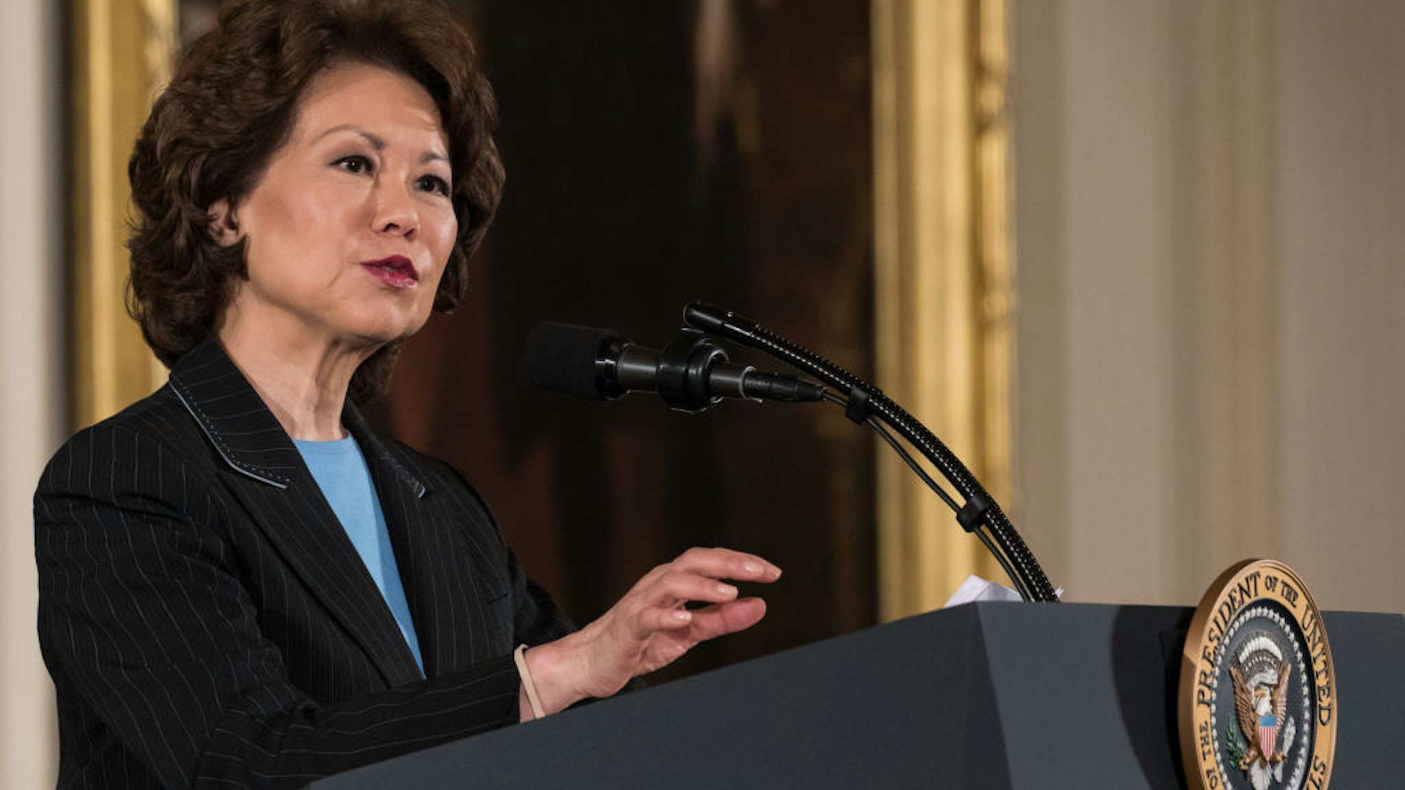 Elaine Chao, Secretary of the Department of Transportation speaks, at President Donald Trump's event announcing the Air Traffic Control Reform Initiative in the East Room of the White House, on Monday, June 5, 2017. (