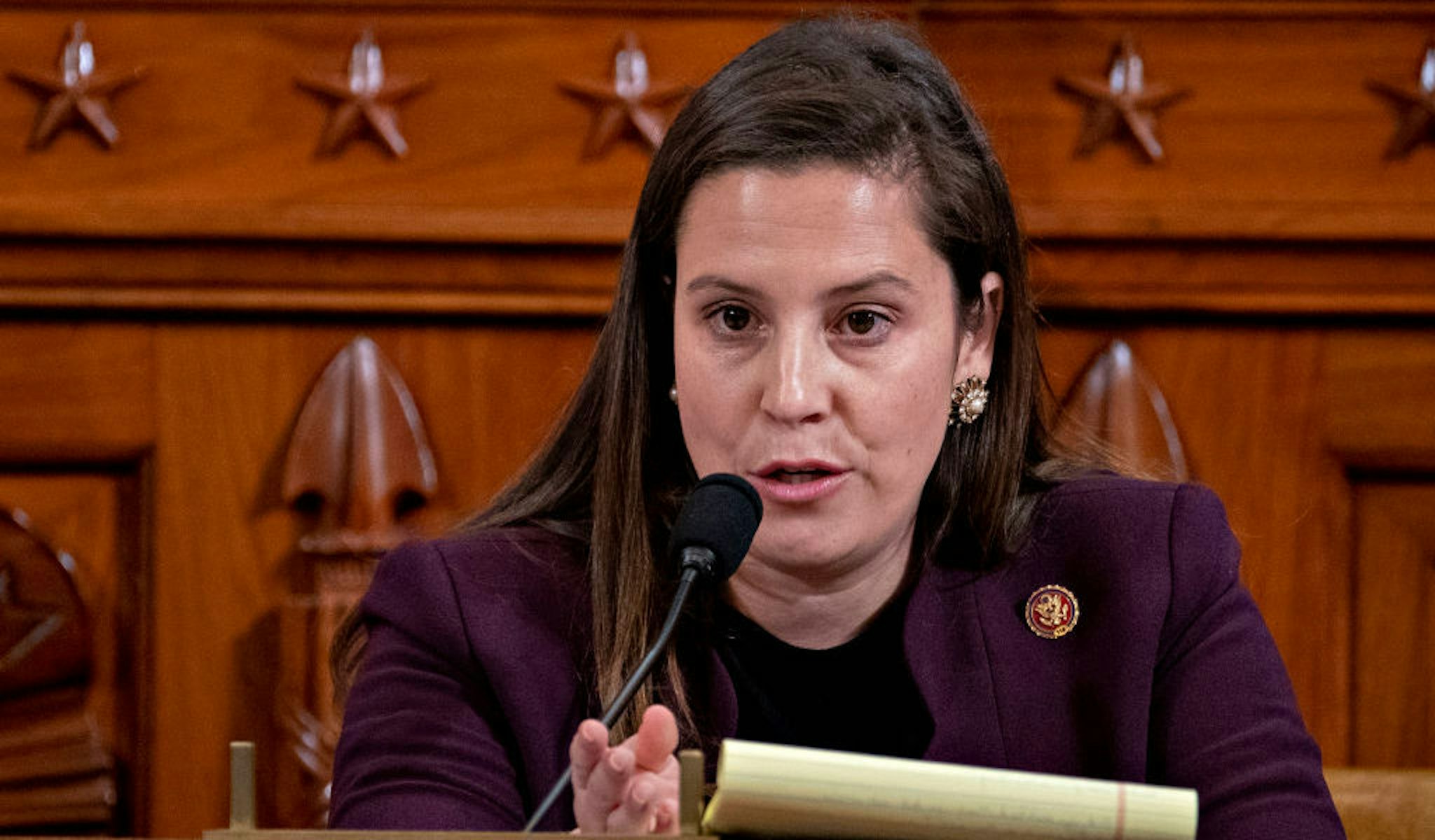 WASHINGTON, DC - NOVEMBER 21: Representative Elise Stefanik, a Republican from New York, questions witnesses during a House Intelligence Committee impeachment inquiry hearing on Capitol Hill November 21, 2019 in Washington, DC. The committee heard testimony during the fifth day of open hearings in the impeachment inquiry against U.S. President Donald Trump, whom House Democrats say held back U.S. military aid for Ukraine while demanding it investigate his political rivals. (Photo by Andrew Harrer-Pool/Getty Images)