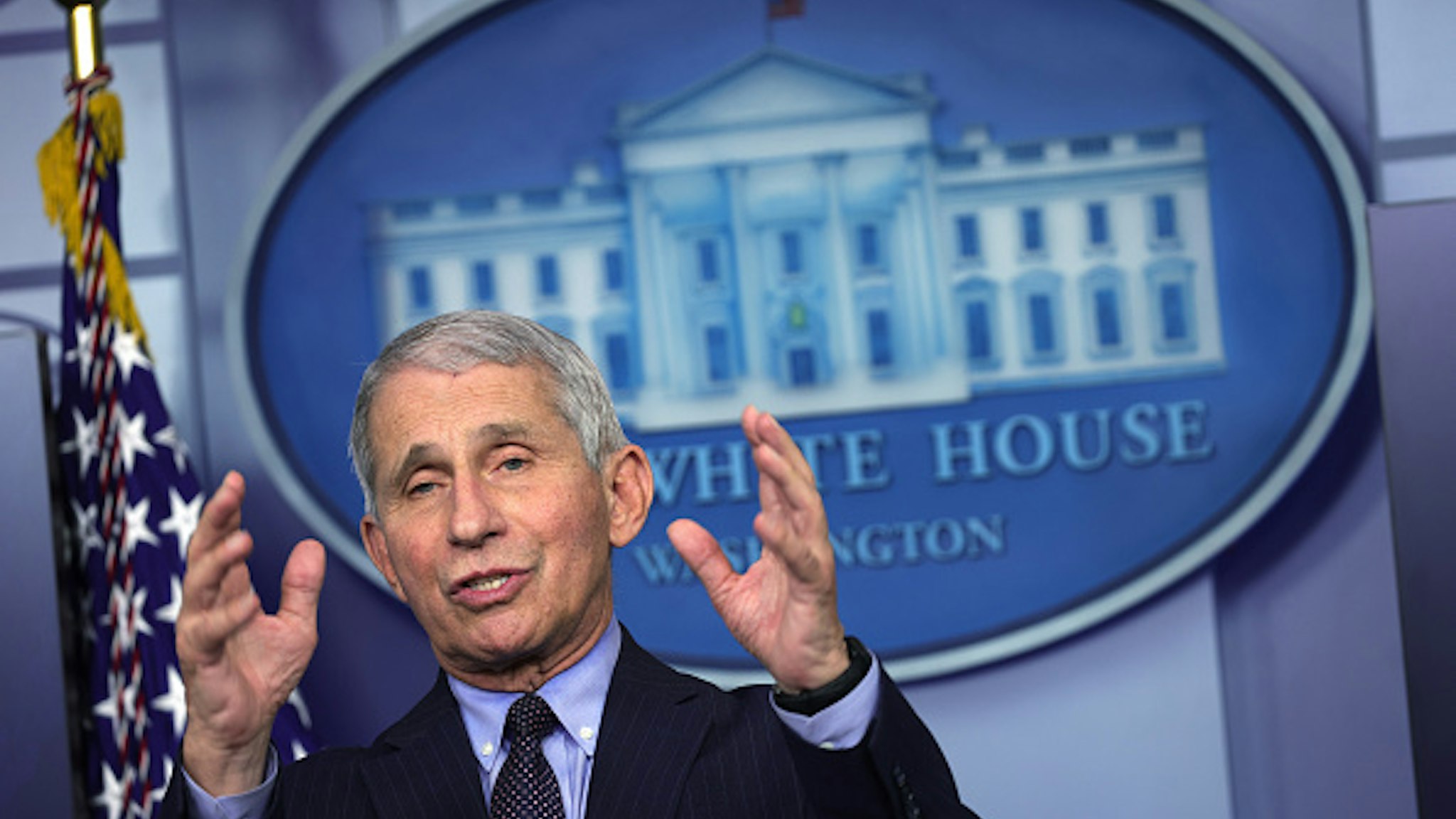 WASHINGTON, DC - JANUARY 21: Dr Anthony Fauci, Director of the National Institute of Allergy and Infectious Diseases, speaks during a White House press briefing, conducted by White House Press Secretary Jen Psaki, at the James Brady Press Briefing Room of the White House January 21, 2021 in Washington, DC. Psaki held her second press briefing since President Joe Biden took office yesterday.