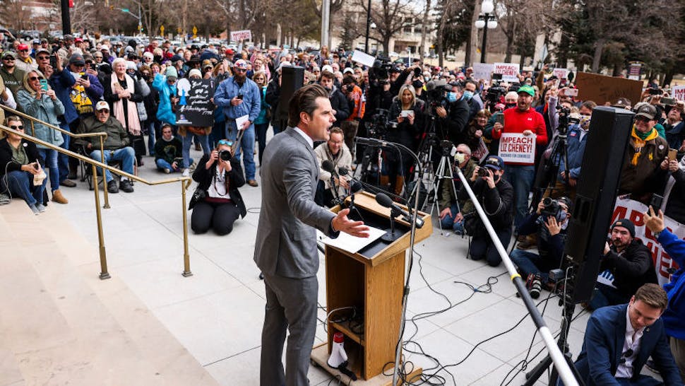 Rep. Matt Gaetz (R-FL) Travels To Wyoming For Rally Against Wyoming Rep. Liz Cheney CHEYENNE, WY - JANUARY 28: Rep. Matt Gaetz (R-FL) speaks to a crowd during a rally against Rep. Liz Cheney (R-WY) on January 28, 2021 in Cheyenne, Wyoming. Gaetz added his voice to a growing effort to vote Cheney out of office after she voted in favor of impeaching Donald Trump.