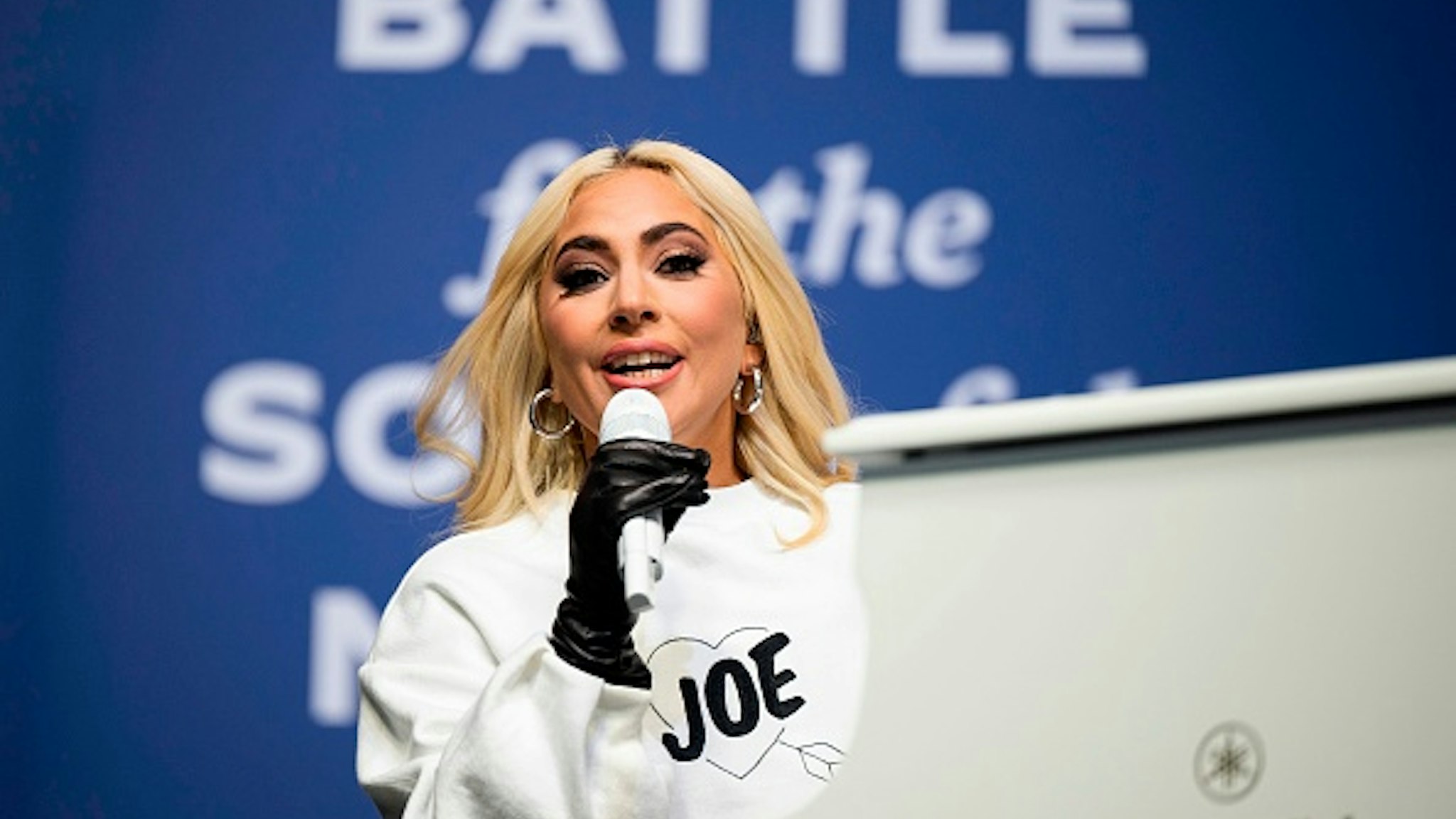 US singer Lady Gaga performs prior to Democratic presidential candidate Joe Biden speaking during a Drive-In Rally at Heinz Field in Pittsburgh, Pennsylvania, on November 2, 2020.
