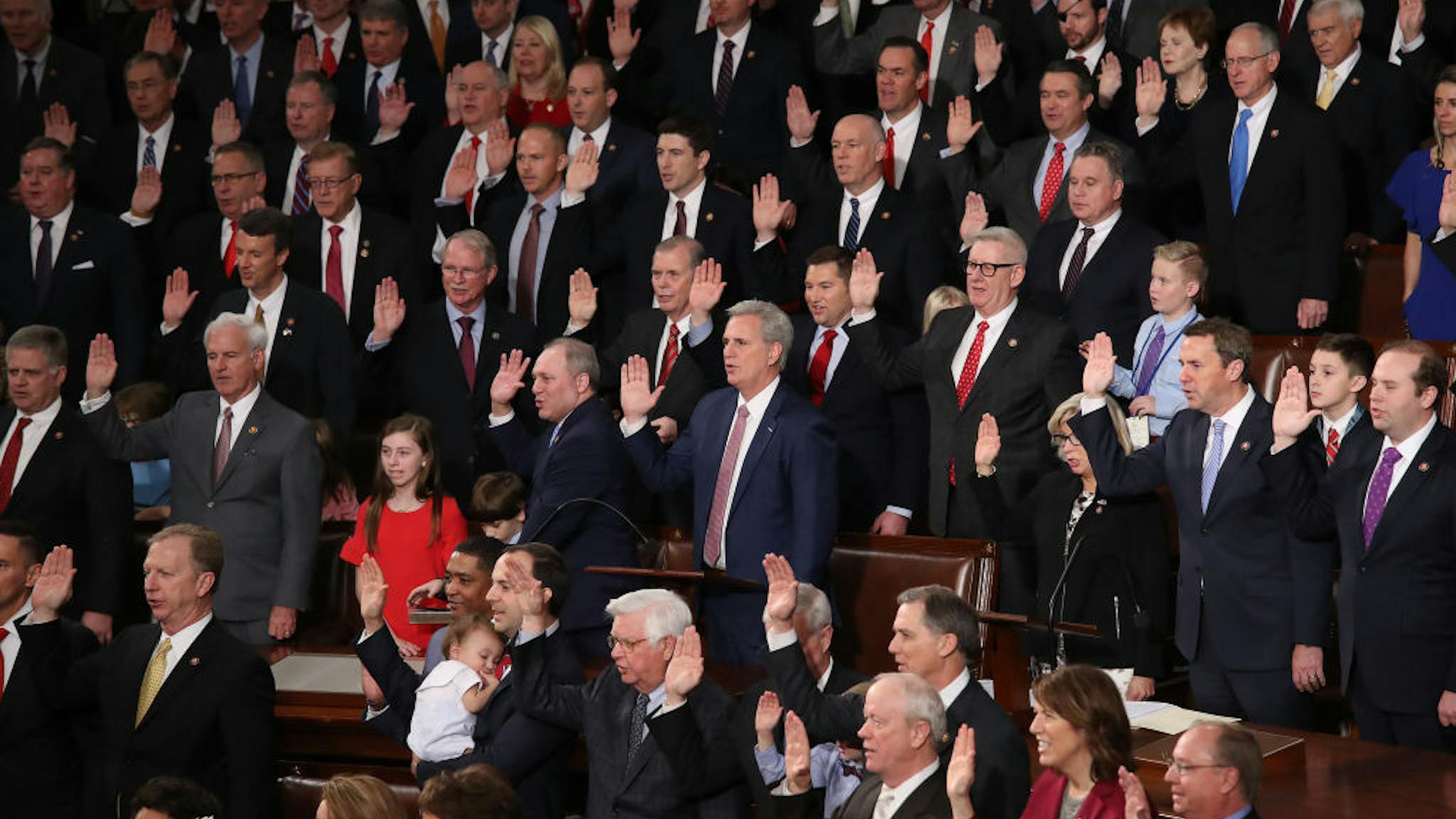 House Of Representatives Convenes For First Session Of 2019 To Elect Nancy Pelosi (D-CA) As Speaker Of The House WASHINGTON, DC - JANUARY 03: Republican members of the House of Representatives are sworn in during the first session of the 116th Congress at the U.S. Capitol January 03, 2019 in Washington, DC. Under the cloud of a partial federal government shutdown, Speaker of the House Nancy Pelosi reclaimed her former title as Speaker and her fellow Democrats will take control of the House of Representatives for the second time in eight years. (Photo by Win McNamee/Getty Images)