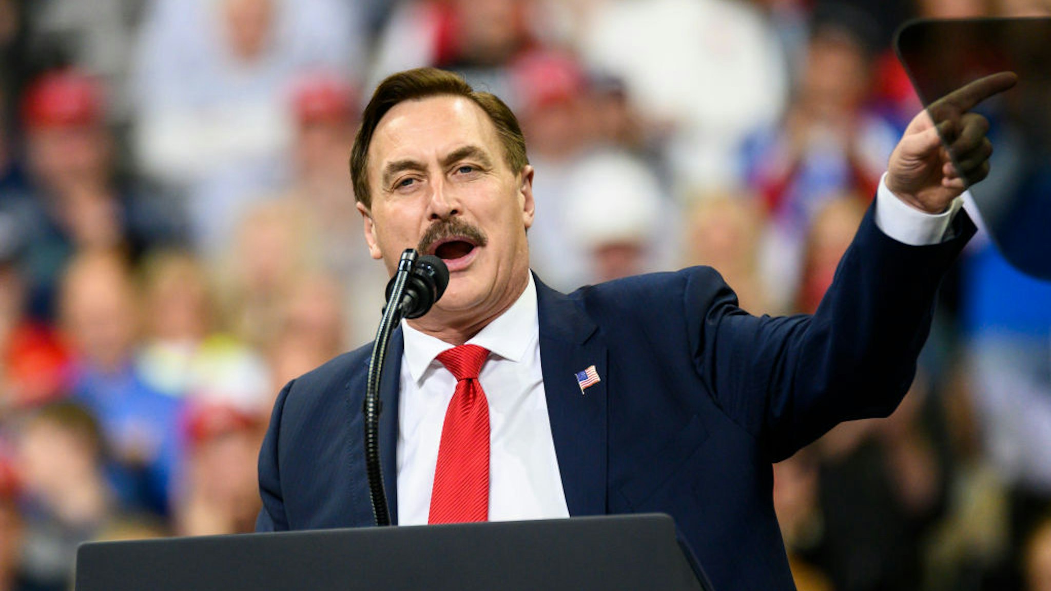 Mike Lindell, CEO of My Pillow, speaks during a campaign rally held by U.S. President Donald Trump at the Target Center on October 10, 2019 in Minneapolis, Minnesota.