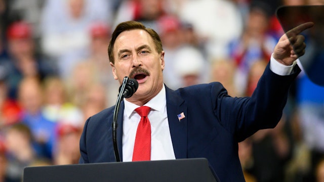 Mike Lindell, CEO of My Pillow, speaks during a campaign rally held by U.S. President Donald Trump at the Target Center on October 10, 2019 in Minneapolis, Minnesota.