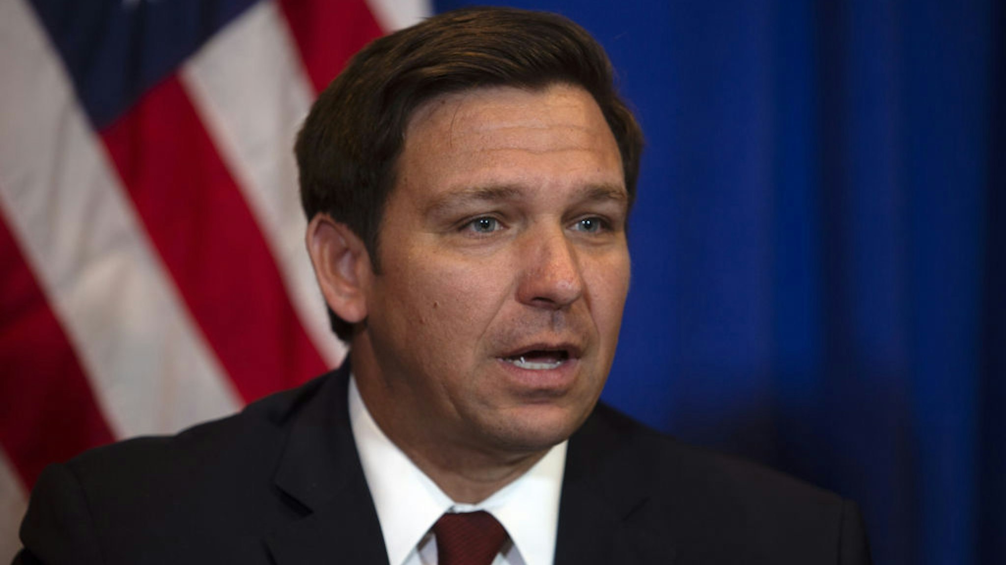Ron DeSantis, governor of Florida, speaks during a news conference with U.S. Vice President Mike Pence, not pictured, in West Palm Beach, Florida, U.S., on Friday, Feb. 28, 2020.