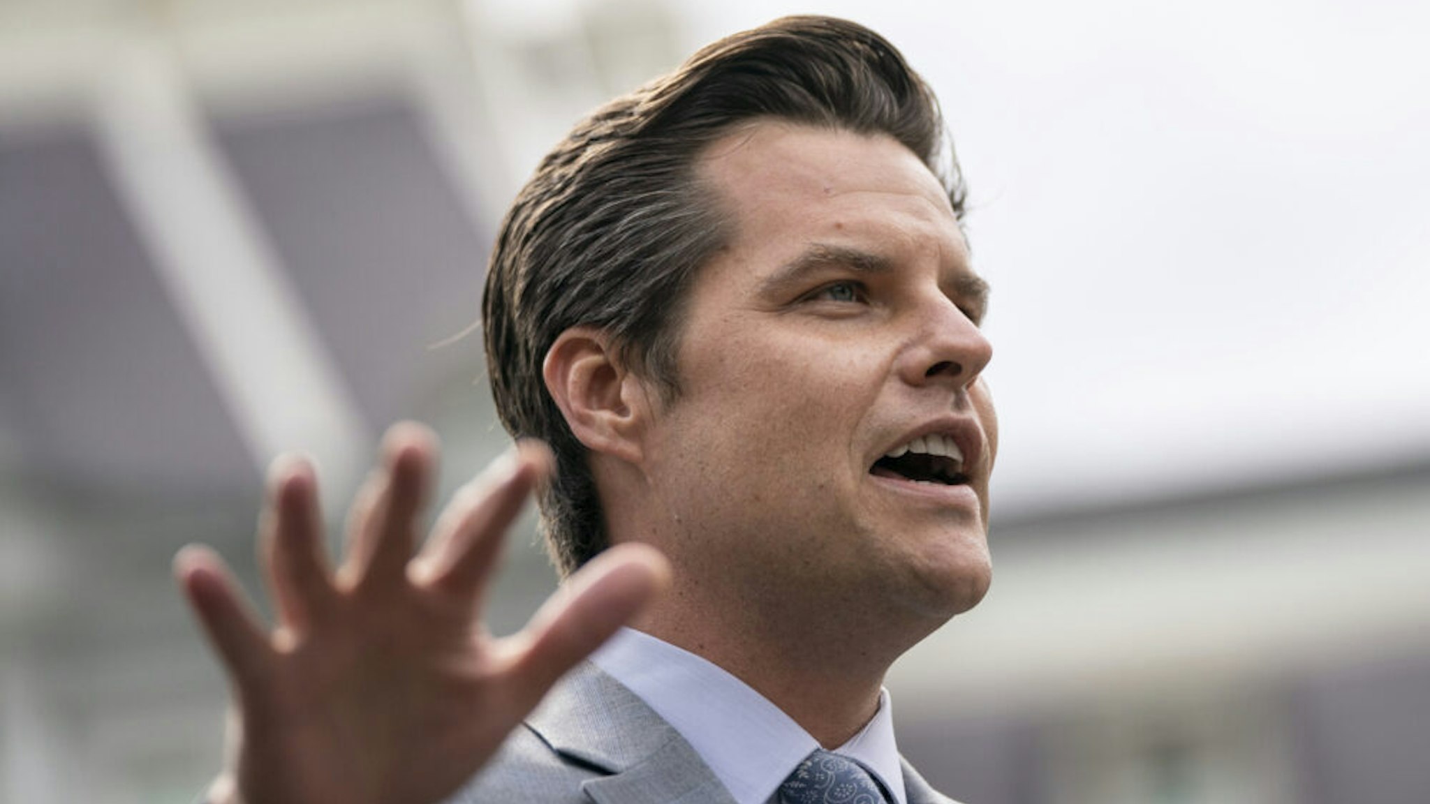 WASHINGTON, DC - APRIL 21: Rep. Matt Gaetz (R-FL) speaks to reporters outside the West Wing of the White House following a meeting with U.S. President Donald Trump on April 21, 2020 in Washington, DC. The president met with lawmakers about the $482 billion aid package that would replenish a small-business loan program and provide funding for hospitals facing financial shortfalls due to COVID-19.
