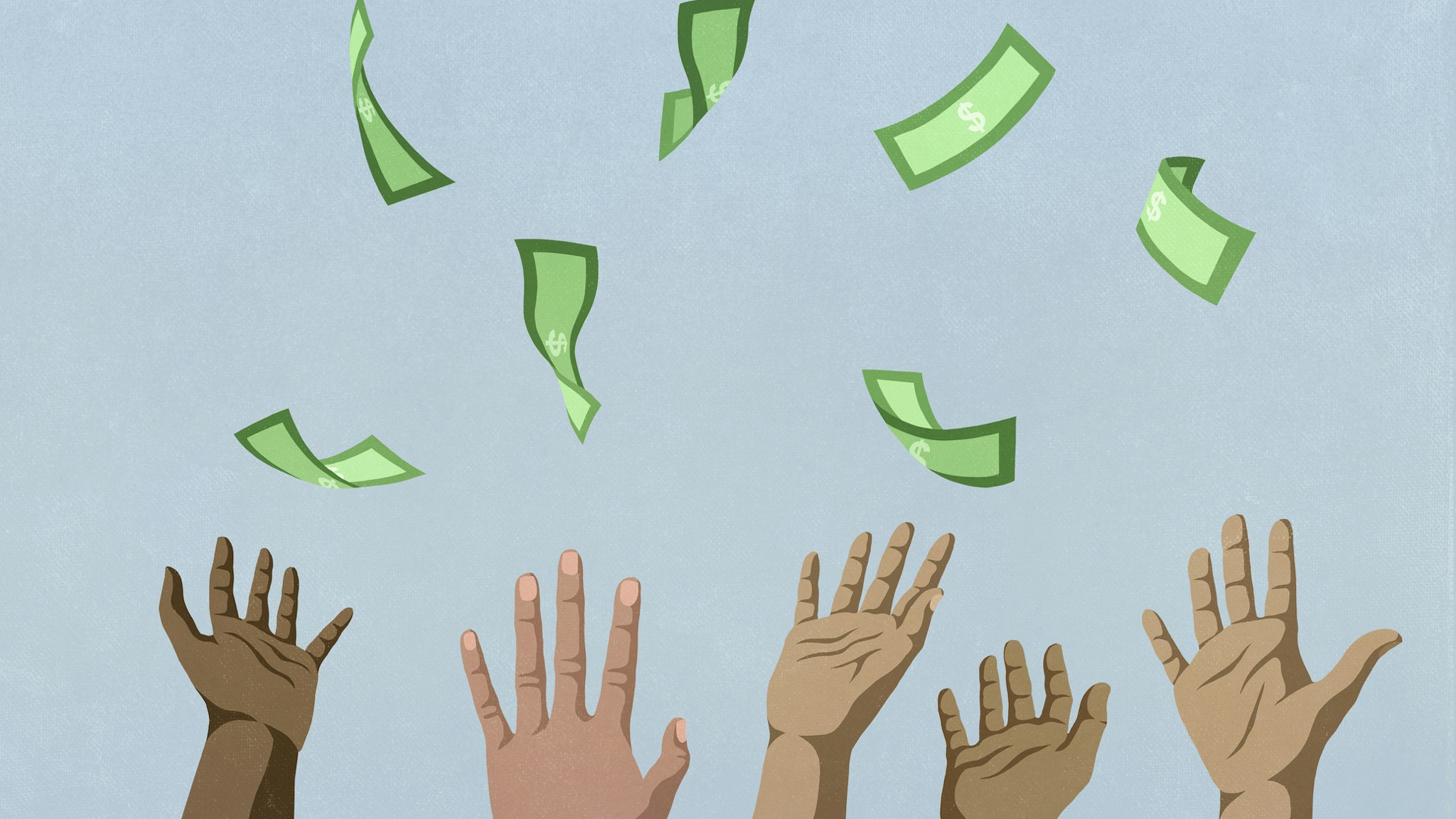 Hands reaching for falling money - stock illustration