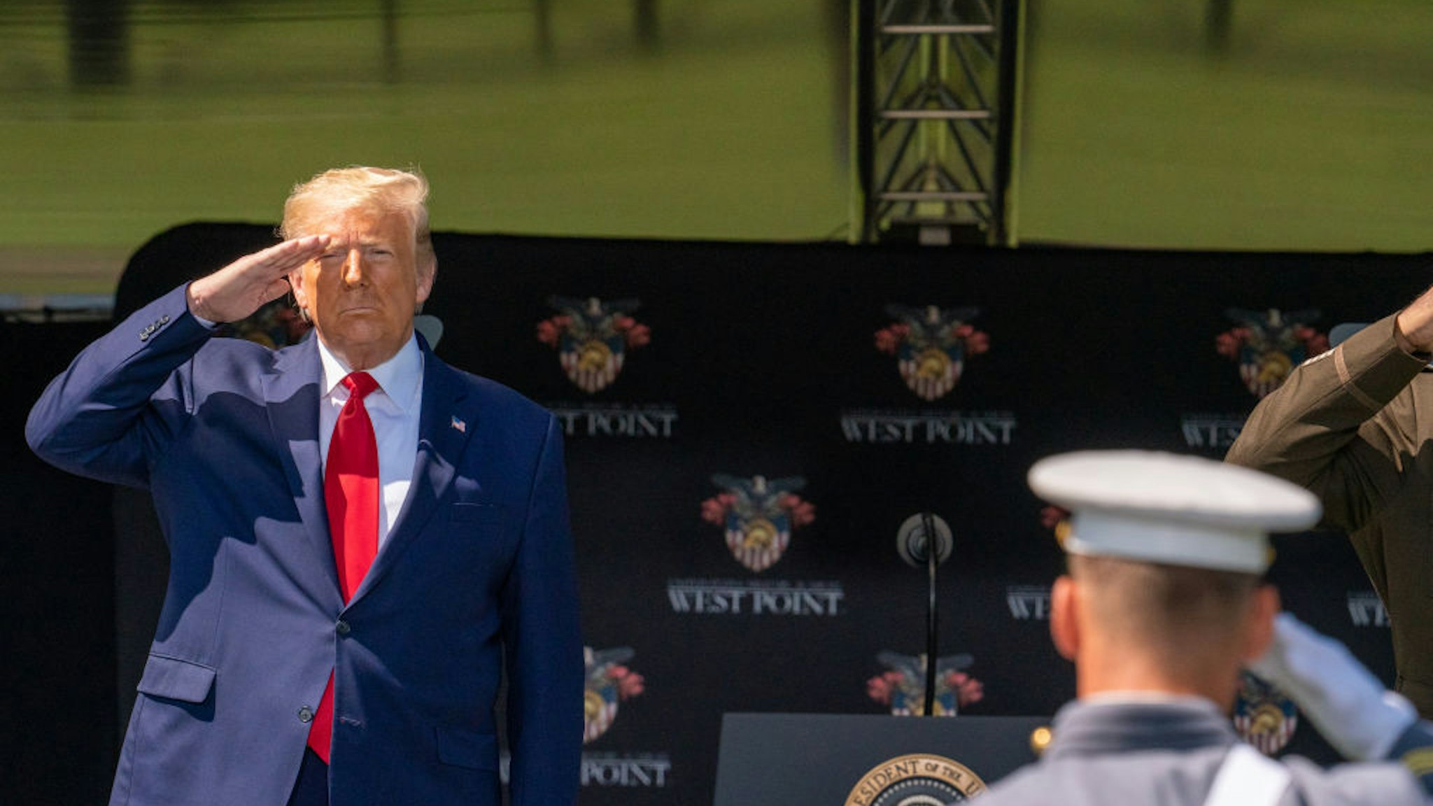 President Donald Trump salutes cadets at the beginning of the commencement ceremony on June 13, 2020 in West Point, New York.