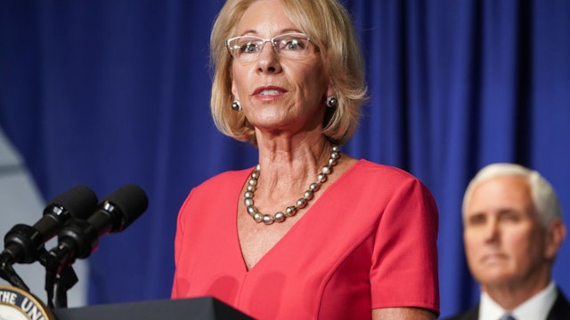 Betsy DeVos, U.S. secretary of education, speaks during a White House Coronavirus Task Force briefing at the Department of Education in Washington, D.C., U.S., on Wednesday, July 8, 2020.