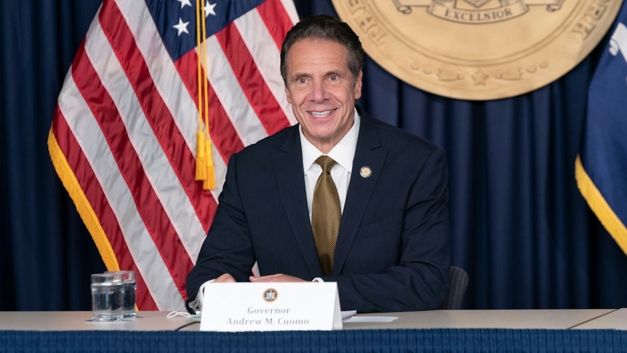 New York State Governor Andrew Cuomo makes daily media announcement and briefing at 633 3rd Avenue, Manhattan.