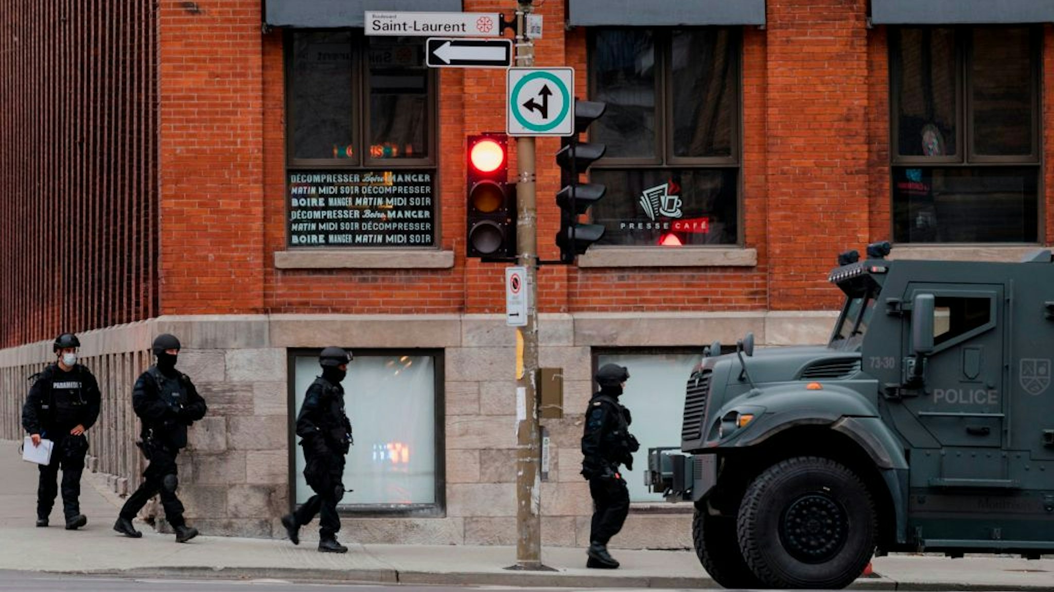 Montreal police respond to a possible hostage-taking at the Ubisoft office in the Mile End, on the corner of Saint-Laurent and Saint-Viateur Sts., in Montreal, Quebec on November 13, 2020.