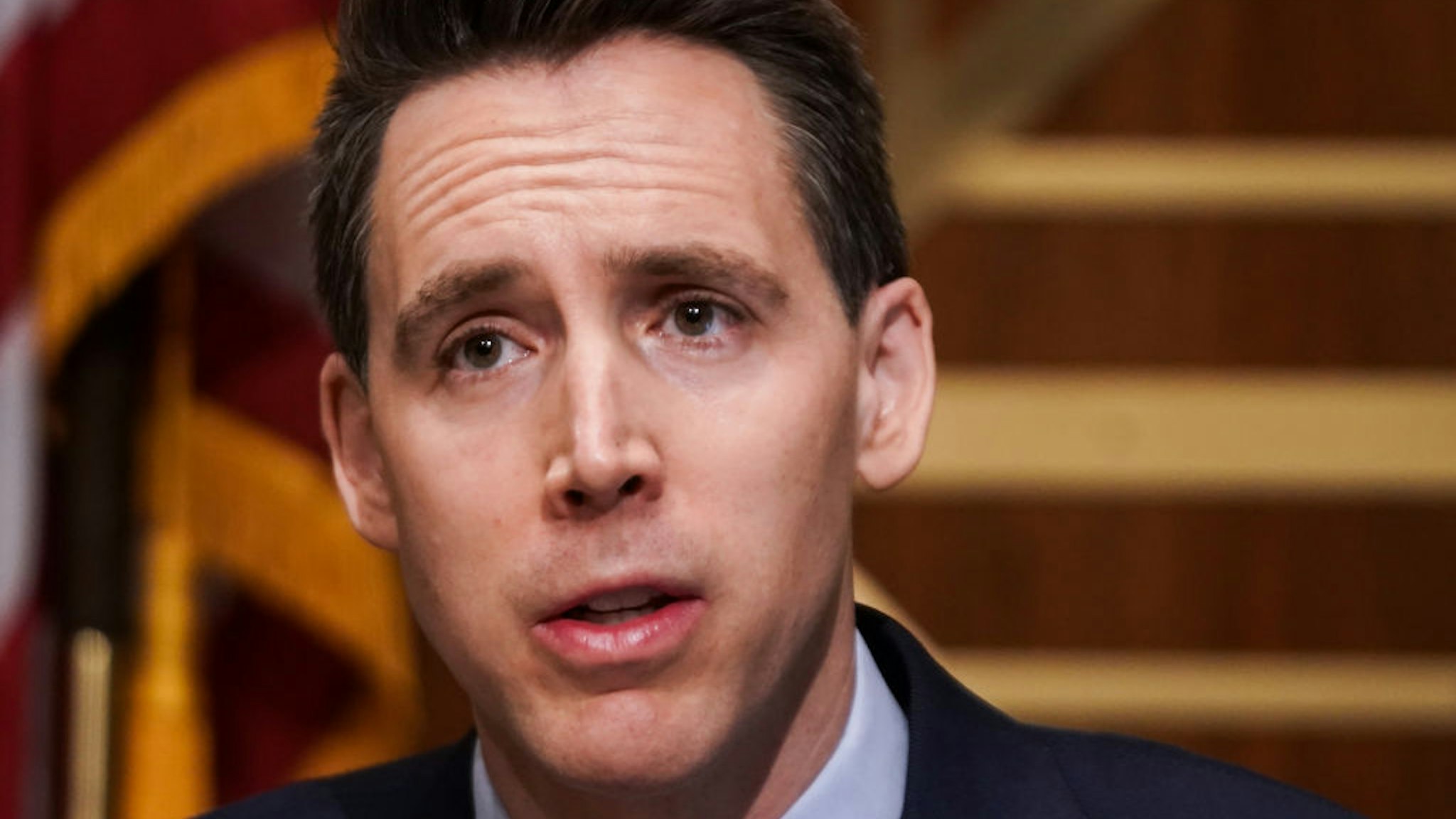 Sen. Josh Hawley (R-MO) asks questions during a Senate Homeland Security and Governmental Affairs Committee hearing to discuss election security and the 2020 election process on December 16, 2020 in Washington, DC.