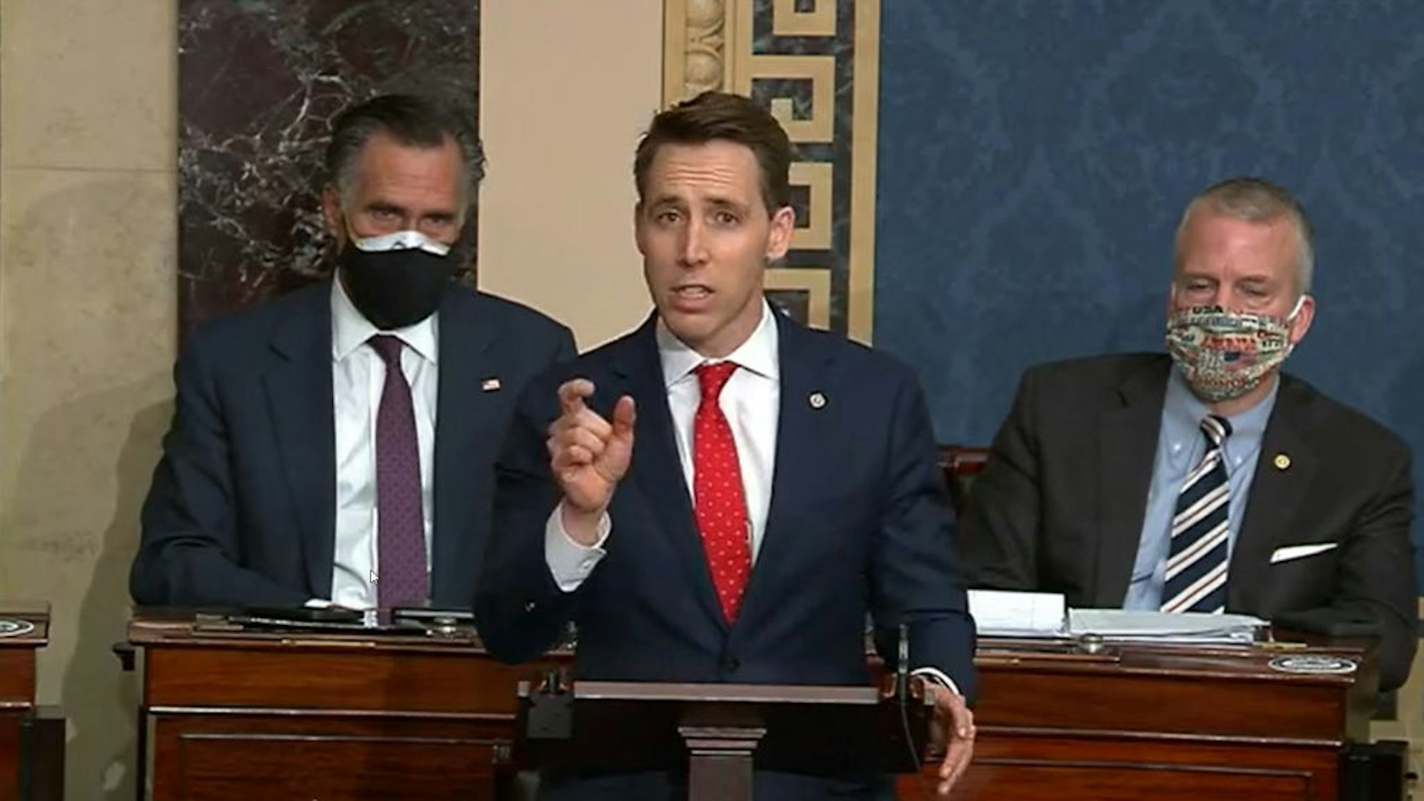WASHINGTON, DC - JANUARY 6: In this screenshot taken from a congress.gov webcast, Sen. Josh Hawley (R-MO) speaks during a Senate debate session to ratify the 2020 presidential election at the U.S. Capitol on January 6, 2021 in Washington, DC.