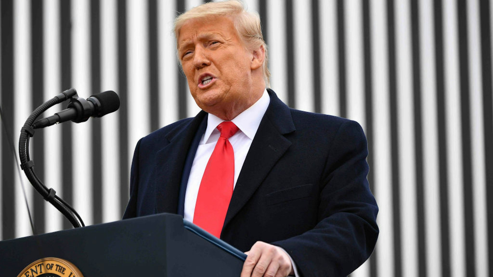US President Donald Trump speaks after touring a section of the border wall in Alamo, Texas on January 12, 2021. (Photo by MANDEL NGAN / AFP) (Photo by MANDEL NGAN/AFP via Getty Images)