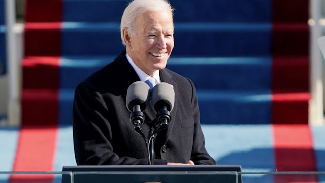 TOPSHOT - US President Joe Biden delivers his Inauguration speech after being sworn in as the 46th US President on January 20, 2021, at the US Capitol in Washington, DC.