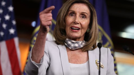 Nancy Pelosi WASHINGTON, DC - AUGUST 13: Speaker of the House Nancy Pelosi (D-CA) talks to reporters during a news conference in the U.S. Capitol Visitors Center August 13, 2020 in Washington, DC. Pelosi highlighted the differences between House Democrats and the Trump Administration in their negotiations over coronavirus relief legislation, saying, "We're miles apart in our values."
