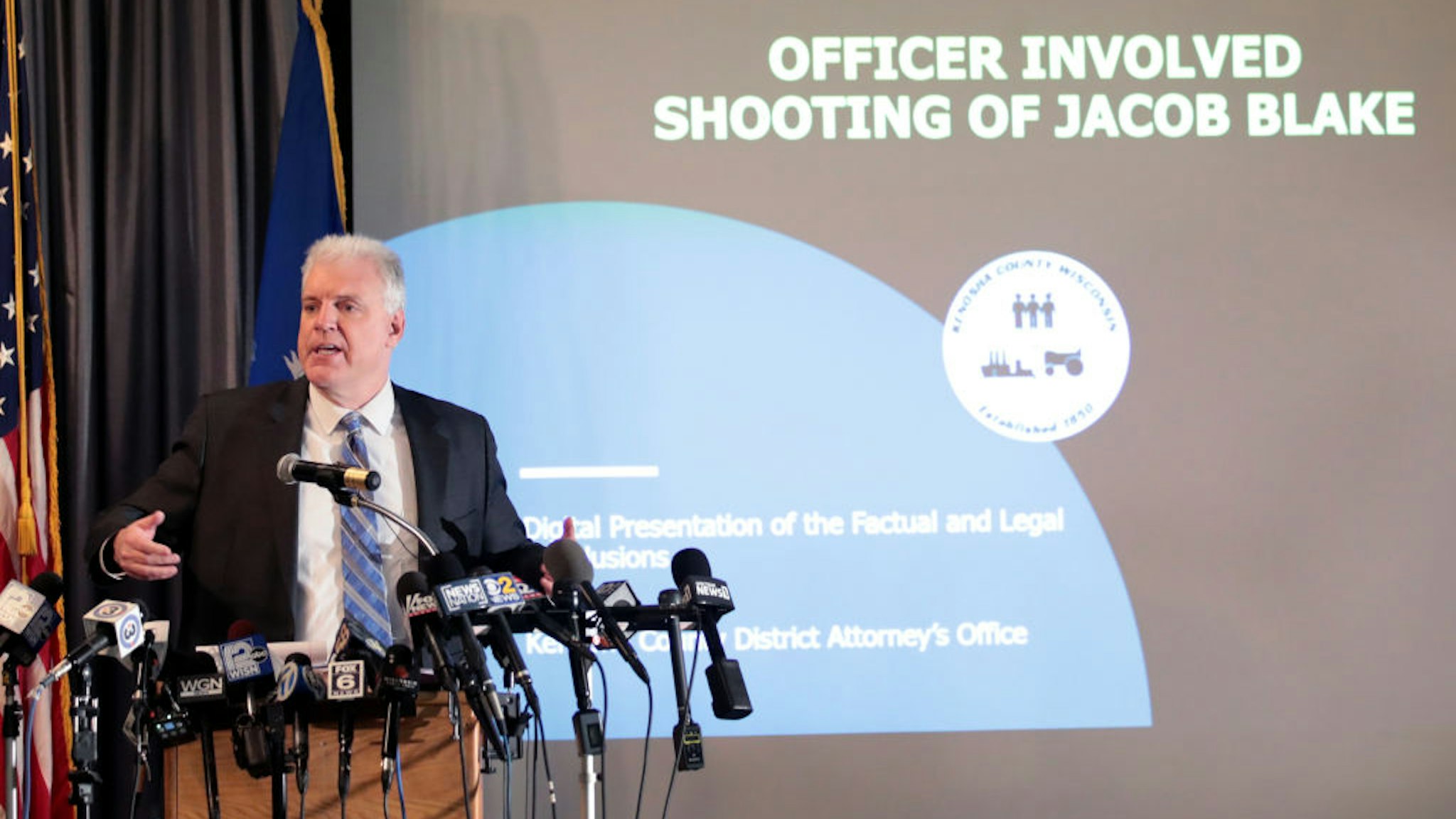Kenosha County Courthouse District Attorney Michael Graveley announces no charges would be filed against Police Officer Rusten Sheskey for the shooting of Jacob Blake on January 05, 2021 in Kenosha, Wisconsin.