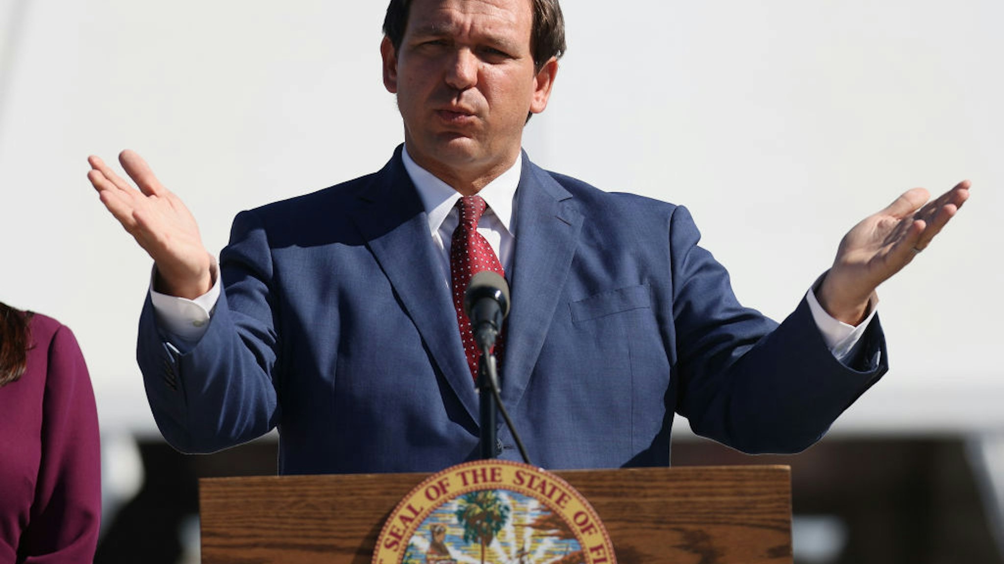 Florida Governor Ron DeSantis speaks during a press conference about the opening of a COVID-19 vaccination site at the Hard Rock Stadium on January 06, 2021 in Miami Gardens, Florida.