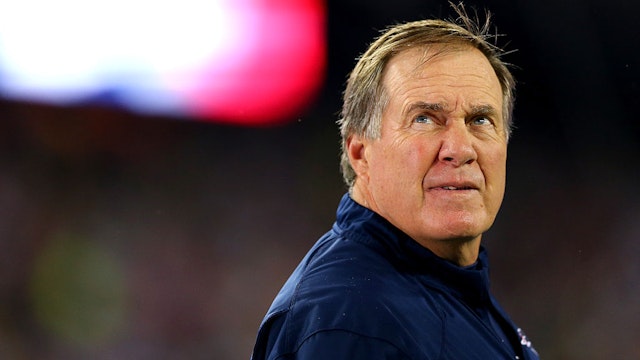 FOXBORO, MA - SEPTEMBER 10: Head coach Bill Belichick of the New England Patriots looks on before the game against the Pittsburgh Steelers at Gillette Stadium on September 10, 2015 in Foxboro, Massachusetts. (Photo by Maddie Meyer/Getty Images)