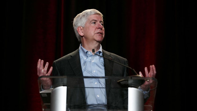Rick Snyder, governor of Michigan, speaks during a grand opening ceremony at the expanded Toyota Motor North American Research & Development (TMNA R&D) center in York Township, Michigan, U.S., on Thursday, May 4, 2017.