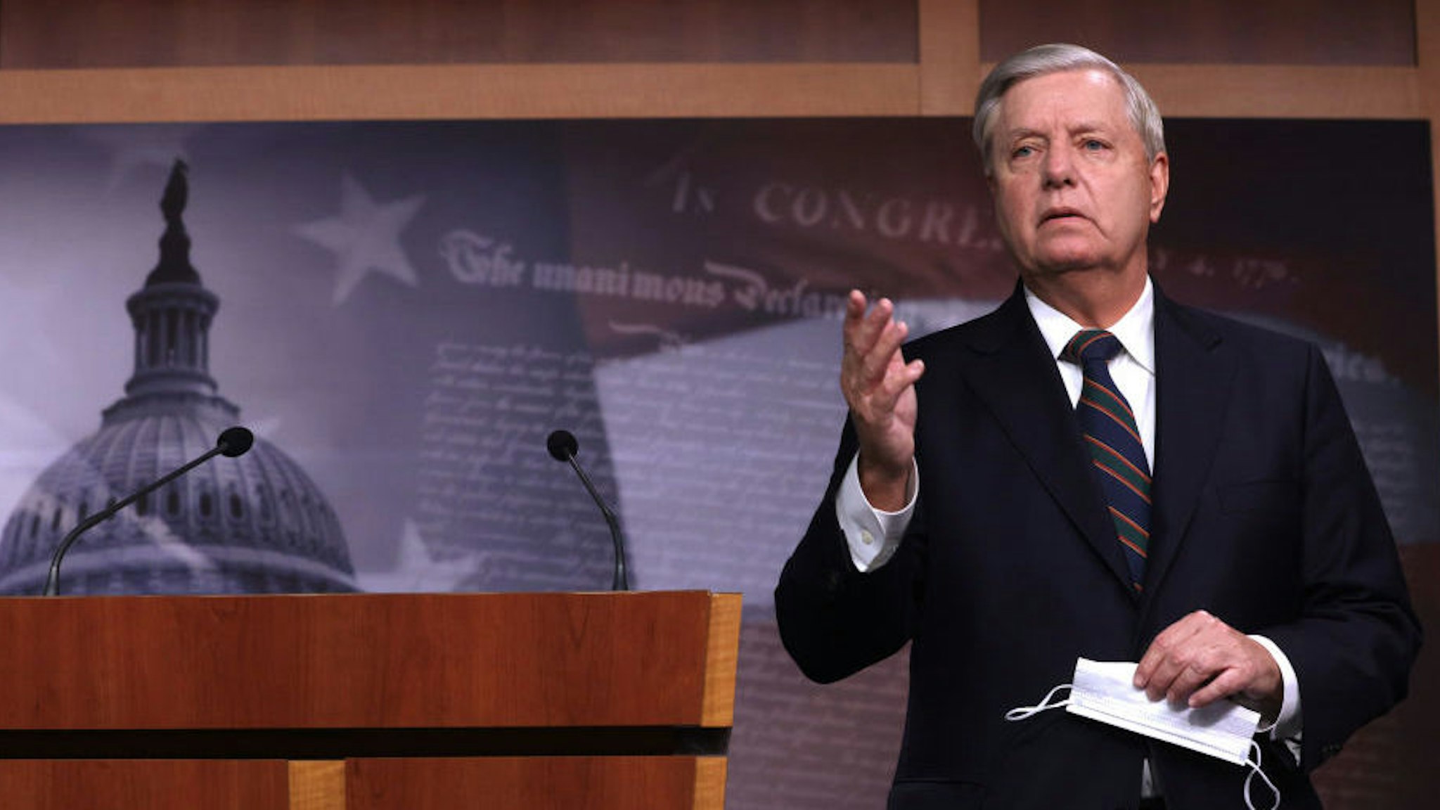 WASHINGTON, DC - JANUARY 07: U.S. Sen. Lindsey Graham (R-SC) speaks during a news conference at the U.S. Capitol January 7, 2021 in Washington, DC. Sen. Graham condemned the pro-Trump mob’s action of storming the Capitol the day before.