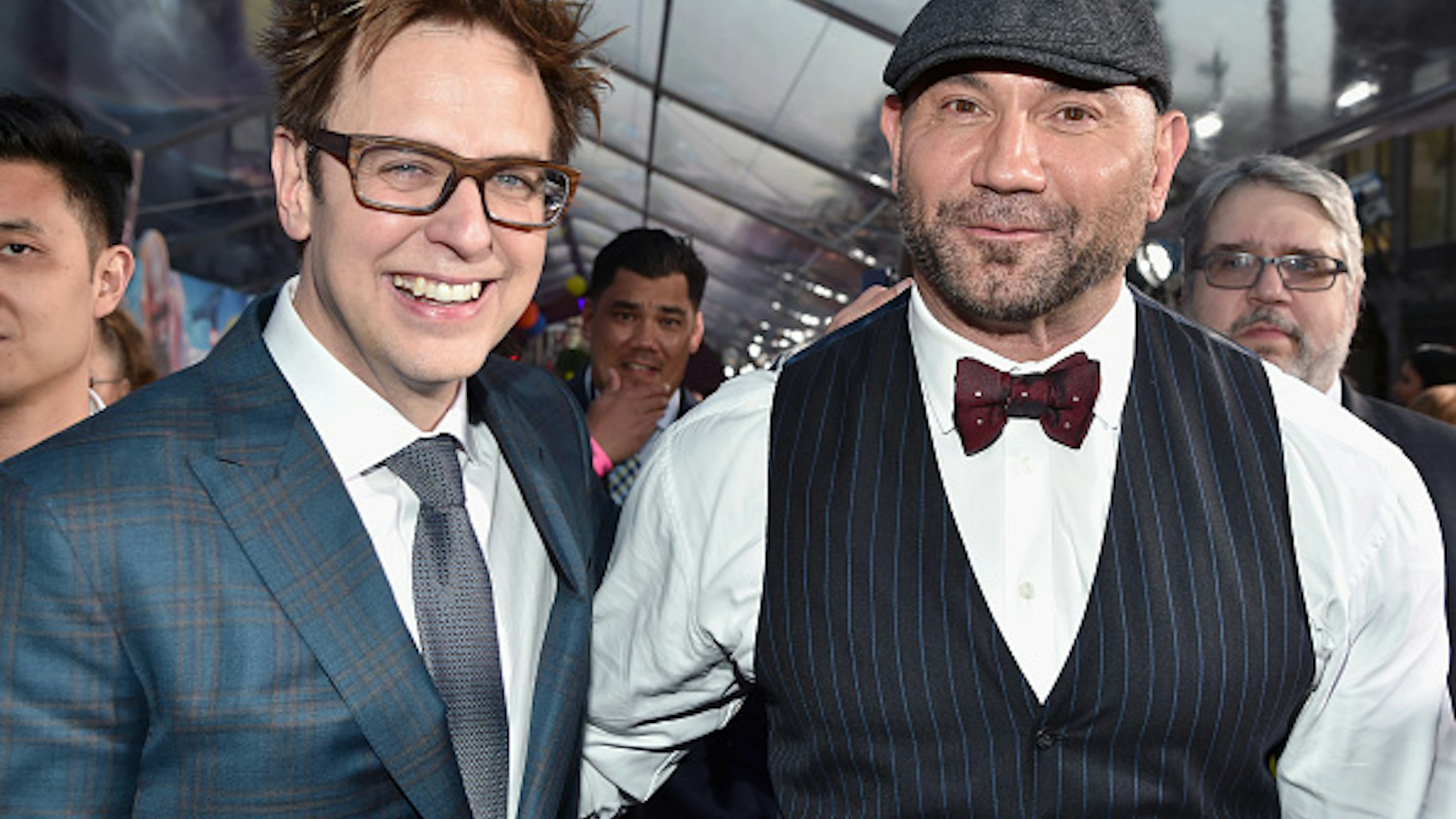 HOLLYWOOD, CA - APRIL 19: Director James Gunn (L) and actor Dave Bautista at the premiere of Disney and Marvel's "Guardians Of The Galaxy Vol. 2" at Dolby Theatre on April 19, 2017 in Hollywood, California.