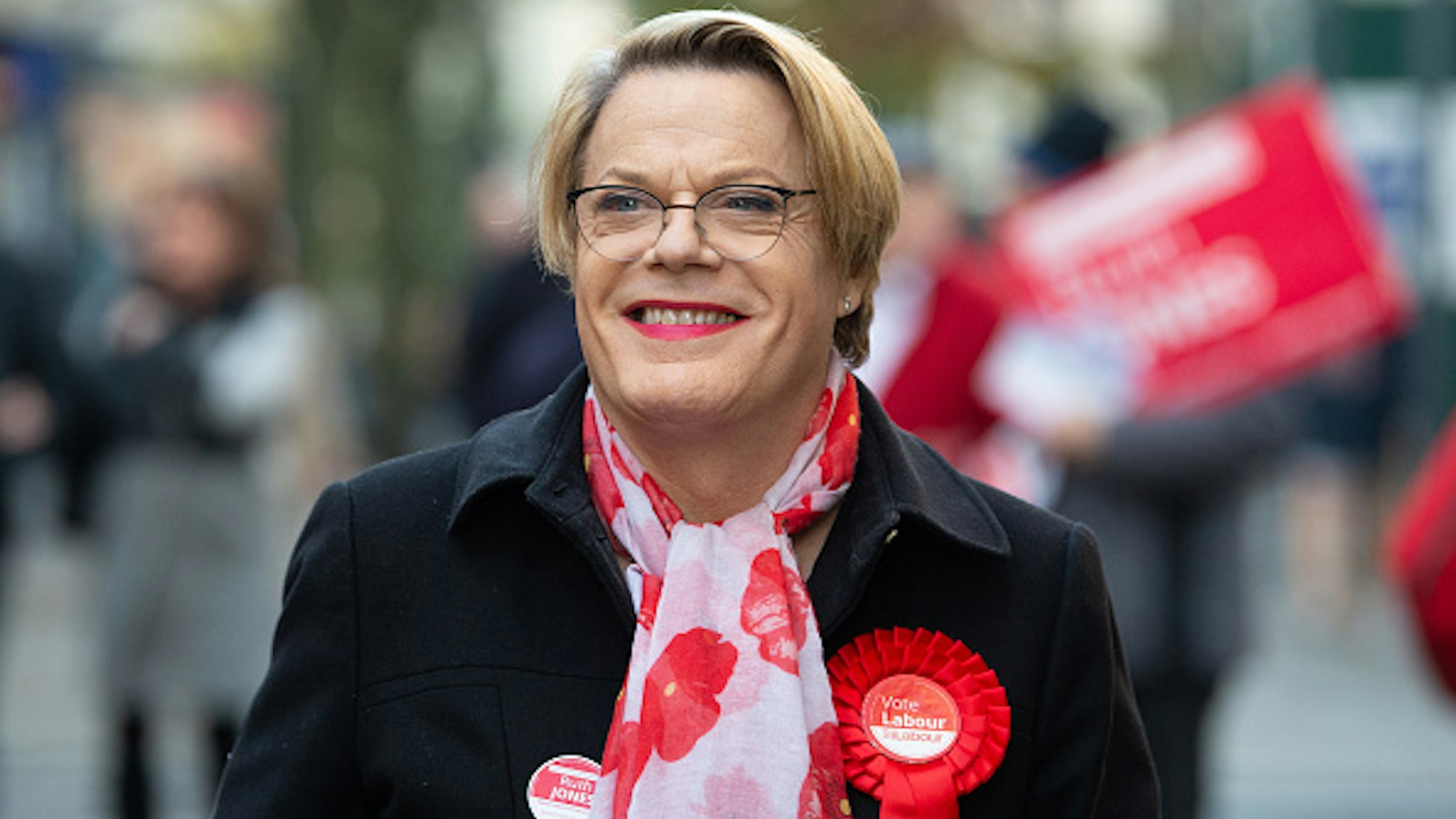 NEWPORT, WALES - DECEMBER 04: Eddie Izzard, comedian and political activist, visits Newport to show support for Ruth Jones, Labour Party candidate for Newport West and Jessica Morden, Labour Party candidate for Newport East on December 4, 2019 in Newport, Wales. The UK will go to the polls on December 12, the third General Election in less than five years.