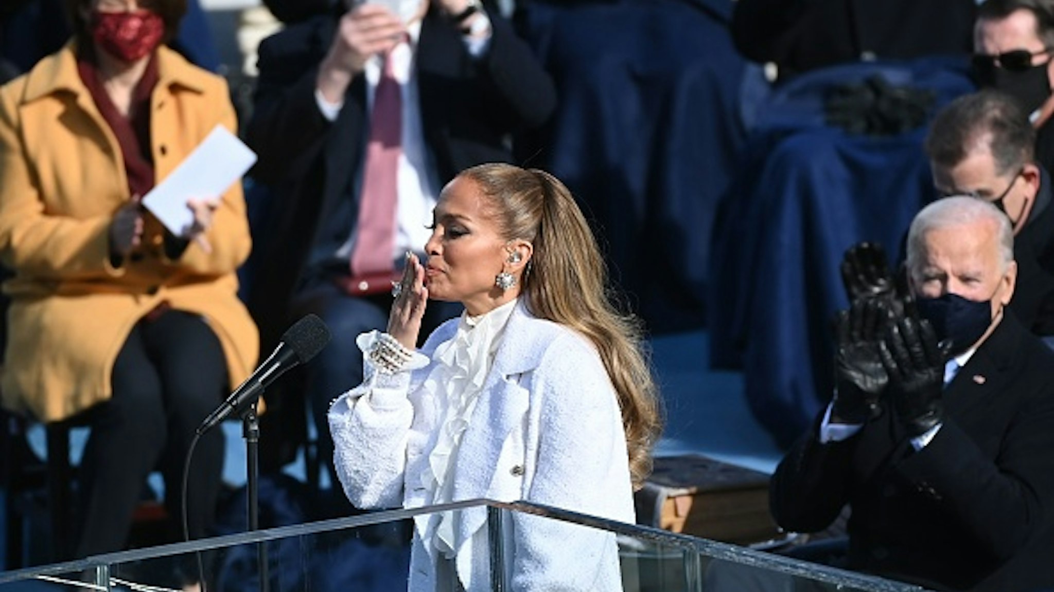 Jennifer Lopez blows a kiss after performing in front of Joe Biden (R) at the 59th Presidential Inaguruation on January 20, 2021, at the US Capitol in Washington, DC.