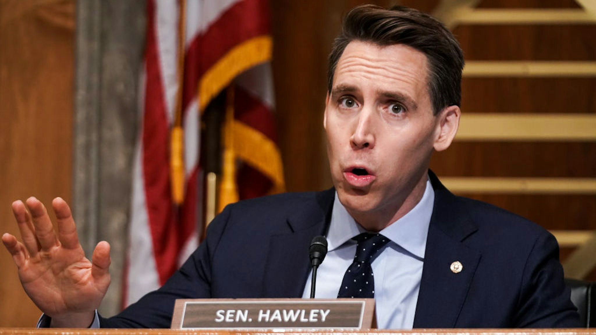 WASHINGTON, DC - DECEMBER 16: Sen. Josh Hawley (R-MO) asks questions during a Senate Homeland Security and Governmental Affairs Committee hearing to discuss election security and the 2020 election process on December 16, 2020 in Washington, DC. U.S. President Donald Trump continues to push baseless claims of voter fraud during the presidential election, which Chris Krebs called the most secure in American history. (Photo by Greg Nash-Pool/Getty Images)