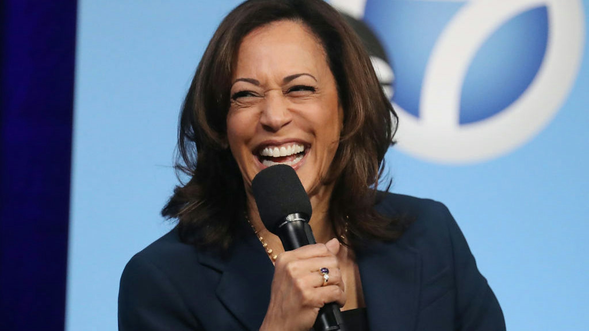 LOS ANGELES, CALIFORNIA - NOVEMBER 17: Democratic presidential candidate Sen. Kamala Harris (D-CA) laughs at a Democratic presidential forum on Latino issues at Cal State L.A. on November 17, 2019 in Los Angeles, California. The presidential primary in California will be held on March 3, 2020. (Photo by Mario Tama/Getty Images)