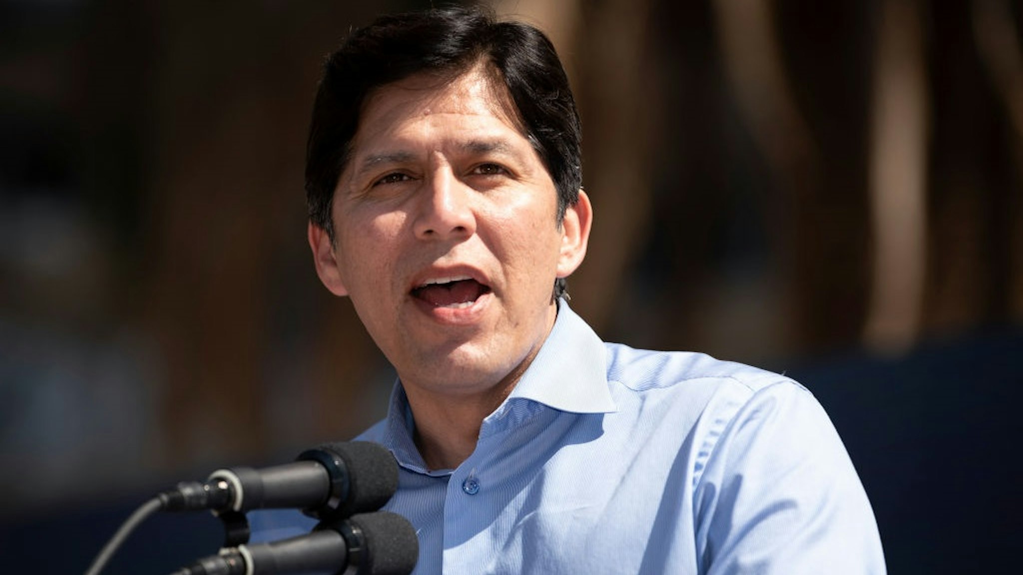 California Democratic State Senator, Kevin De Leon, speaks at the March for Science in Los Angeles, California on April 14, 2018.