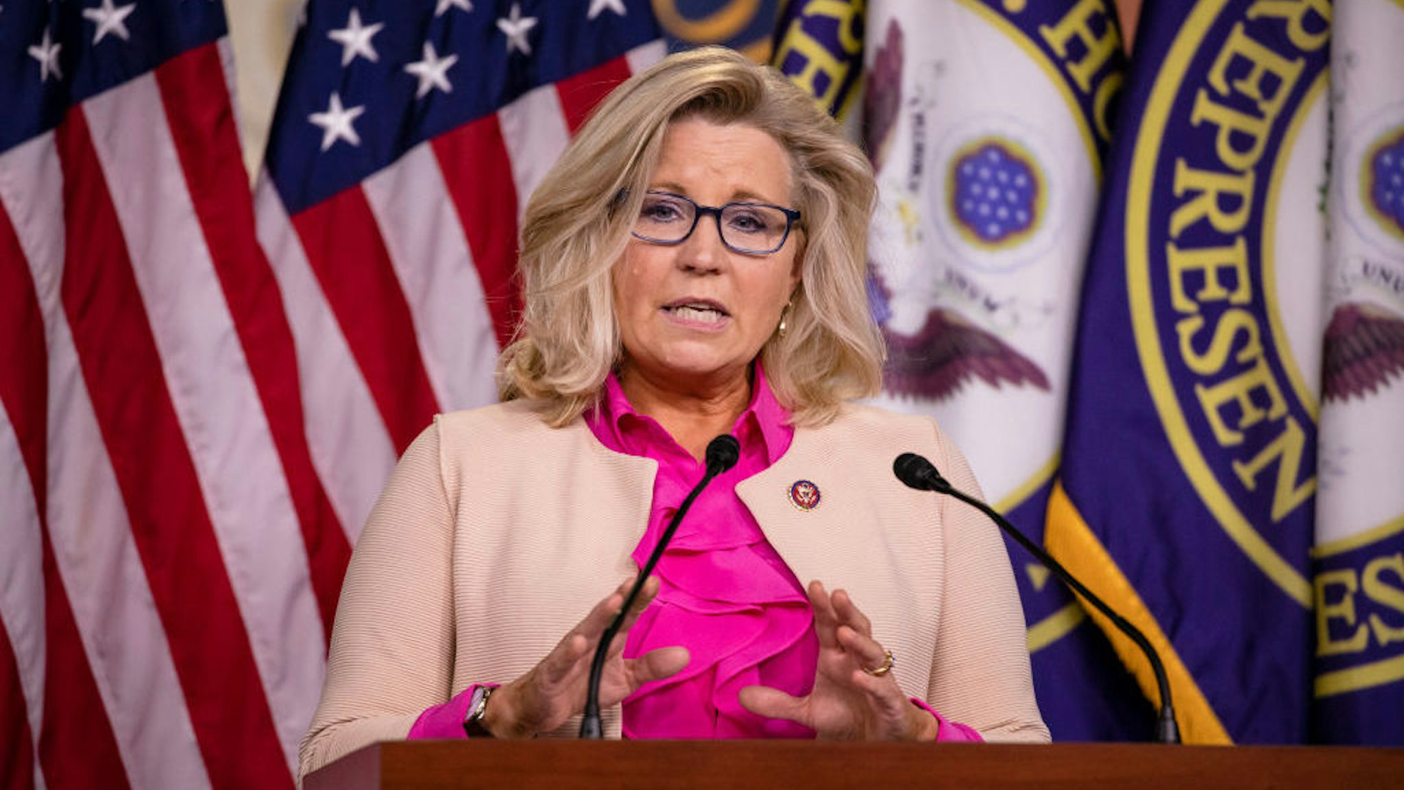 WASHINGTON, DC - JULY 21: Rep. Liz Cheney (R-WY) speaks during a news with other Republican members of the House of Representatives at the US Capitol on July 21, 2020 in Washington, DC. (Photo by Samuel Corum/Getty Images) *** Local Caption *** Liz Cheney