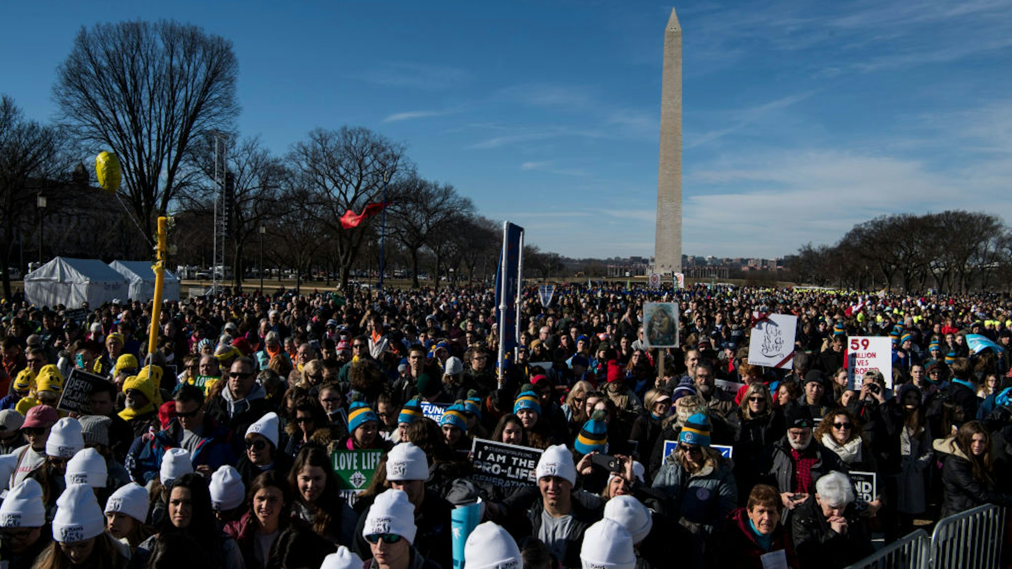 WASHINGTON, DC - JANUARY 19: Thousands of people gather on the National Mall during the March for Life, the world's largest annual pro-life demonstration, in Washington, DC on January 19, 2018. Over one hundred thousand people are expected to attend the 45th annual March for Life event.