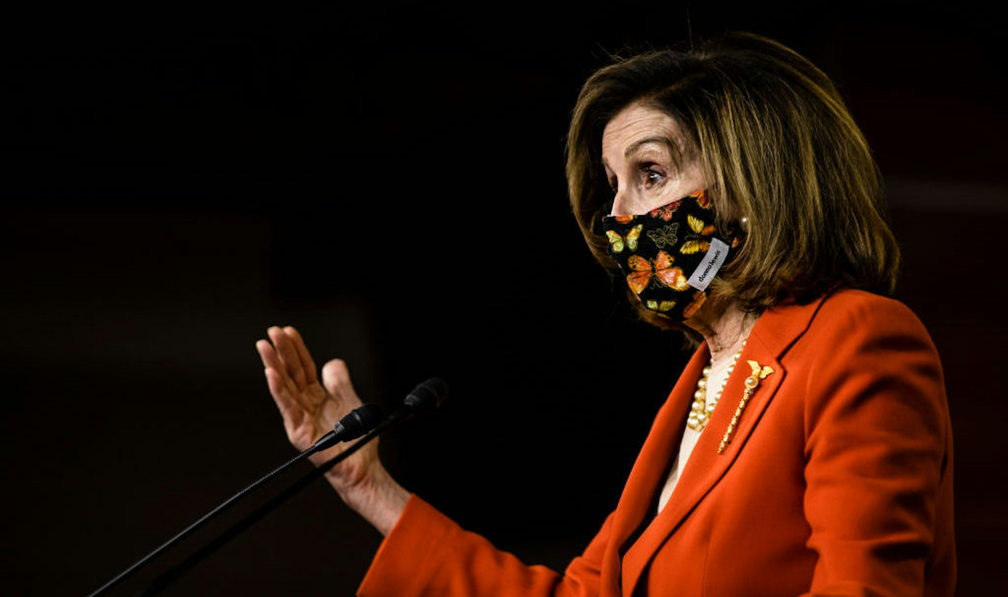 WASHINGTON, DC - JANUARY 15: Speaker of the House Nancy Pelosi (D-CA) talks during a press conference at the US Capitol on January 15, 2021 in Washington, DC. Speaker Pelosi said that it has always been the intent to have a small inauguration due to the coronavirus pandemic and that Impeachment managers are continuing to work on the trial and they will take it to the Senate but did not mention when that will happen. (Photo by Samuel Corum/Getty Images) *** Local Caption *** Nancy Pelosi