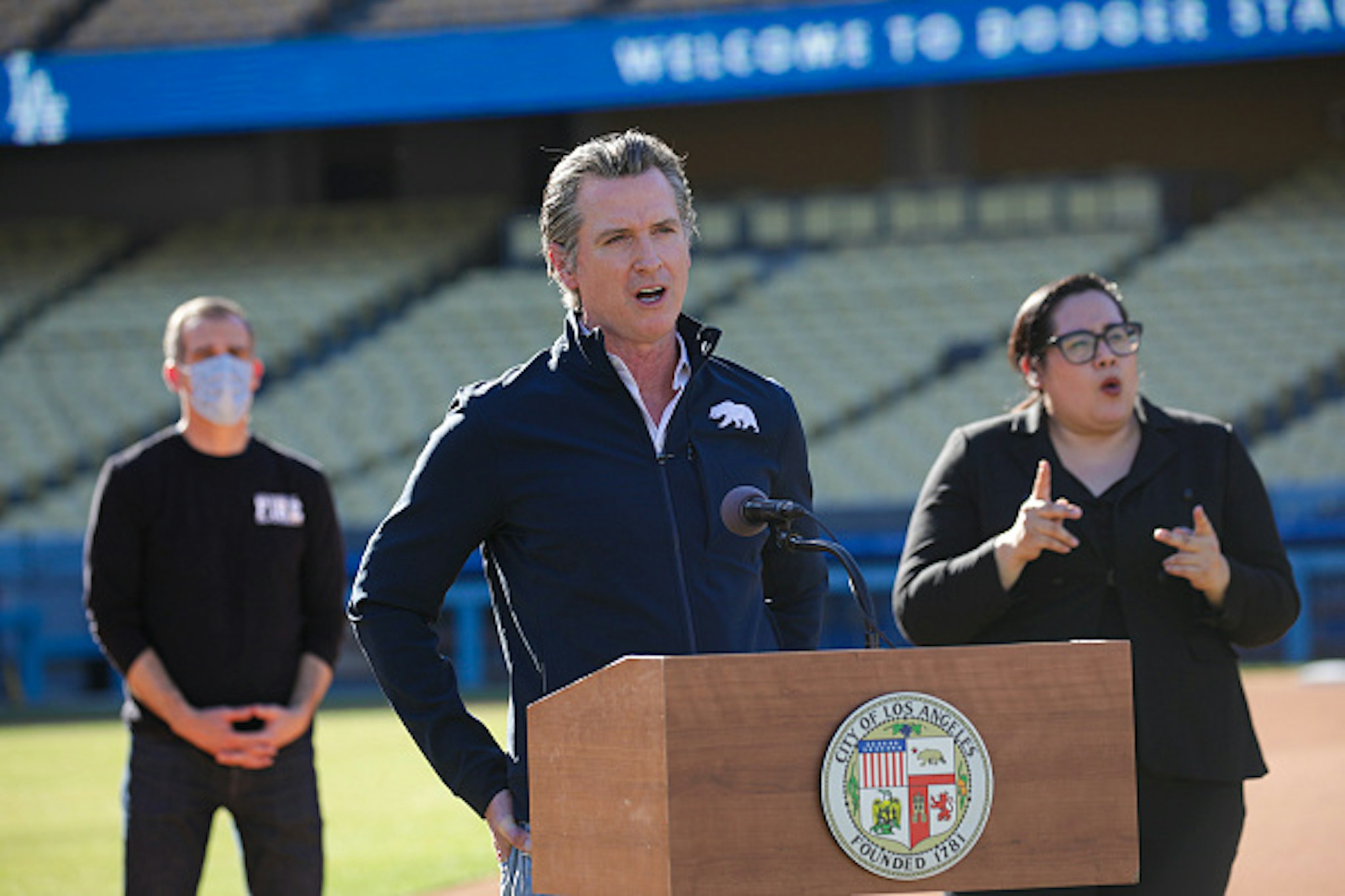 California Governor Gavin Newsom addresses a press conference held at the launch of mass Covid-19 vaccination site at Dodger Stadium on January 15, 2021 in Los Angeles, California.