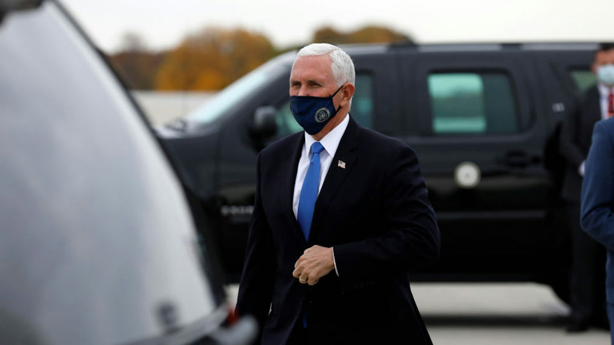 US Vice President Mike Pence arrives at Gerald Ford Airport in Grand Rapids, Michigan, on October 14, 2020. (Photo by JEFF KOWALSKY / AFP)