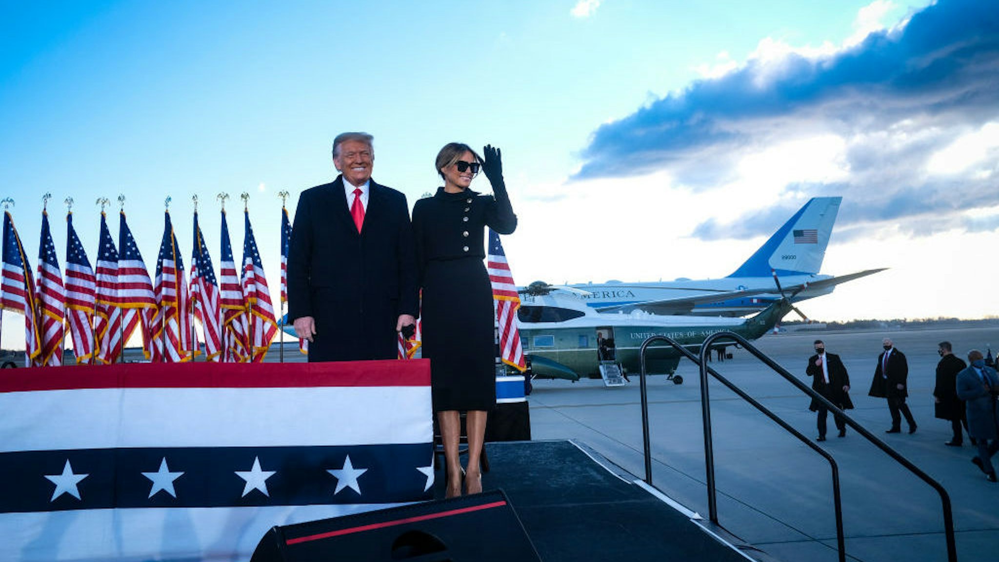 President Donald Trump speaks to supporters at Joint Base Andrews before boarding Air Force One for his last time as President on January 20, 2021. Trump is traveling to his Mar-a-Lago Club in Palm Beach, Fla. (photo by Pete Marovich for The New York Times)