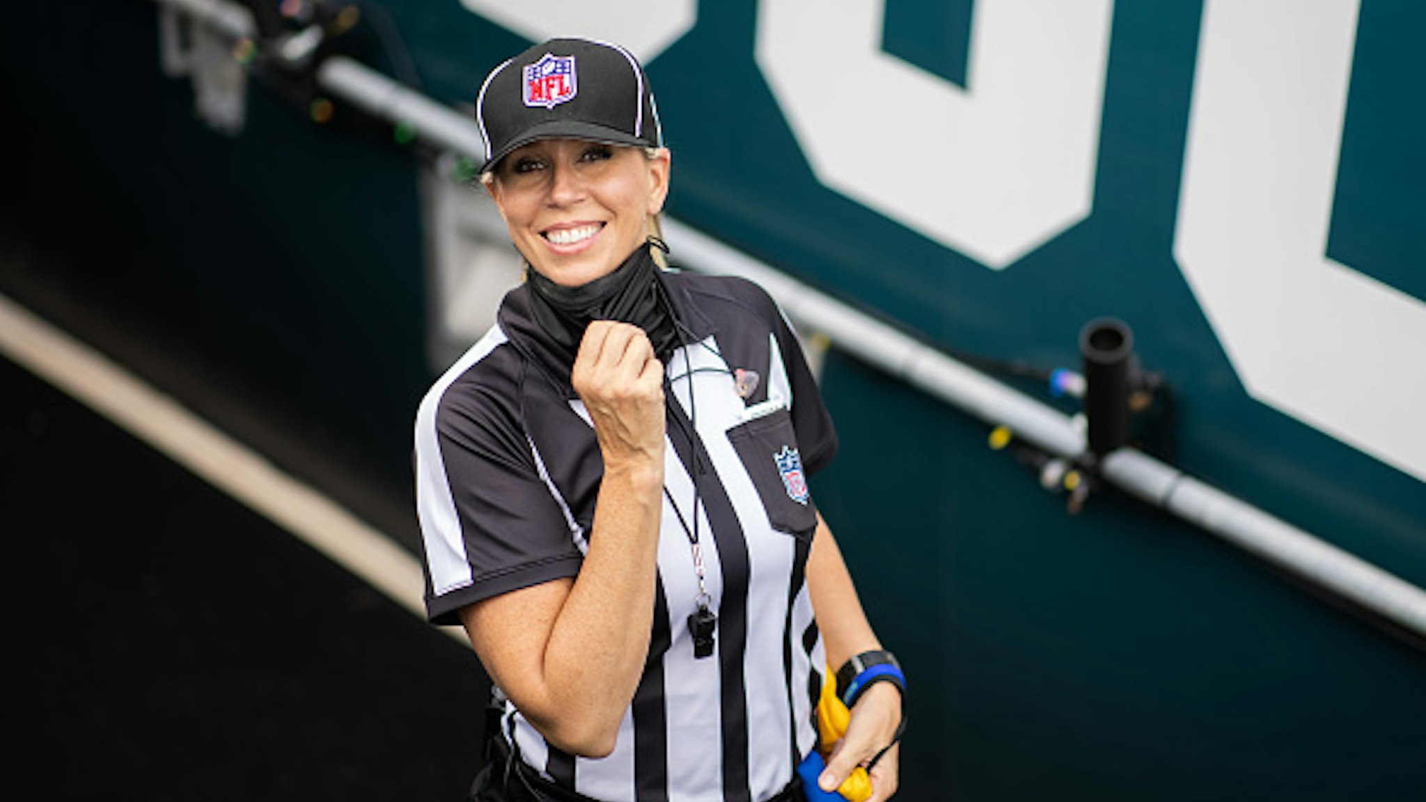 JACKSONVILLE, FLORIDA - OCTOBER 18: Line judge Sarah Thomas #53 poses for a photo before the start of a game between the Detroit Lions and the Jacksonville Jaguars at TIAA Bank Field on October 18, 2020 in Jacksonville, Florida. (