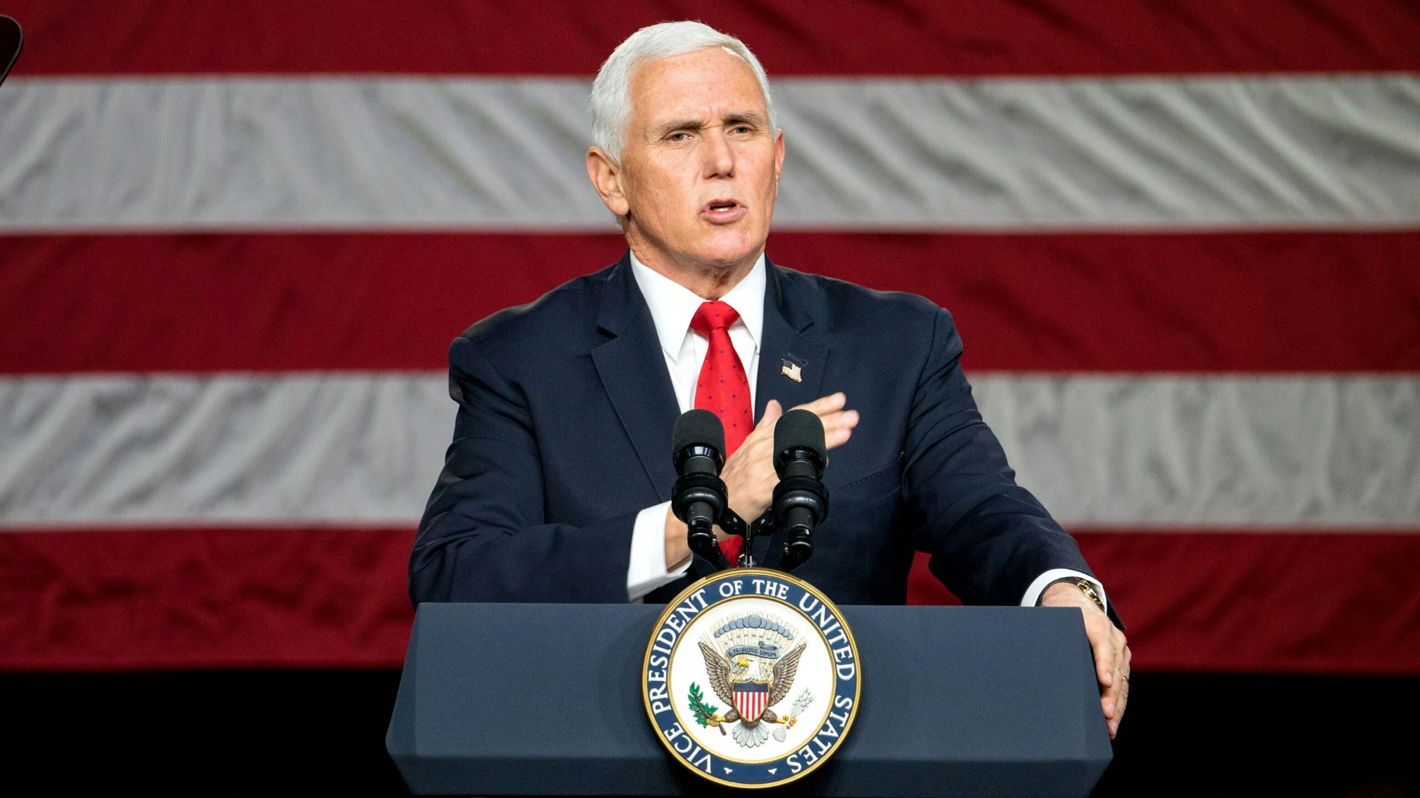 MILNER, GA - JANUARY 04: U.S. Vice President Mike Pence speaks during a visit to Rock Springs Church to campaign for GOP Senate candidates on January 4, 2021 in Milner, Georgia. Tomorrow is the final day for Georgia voters to vote for U.S. Senators Republican incumbents David Perdue and Kelly Loeffler or Democratic Candidates John Ossoff and Raphael Warnock.