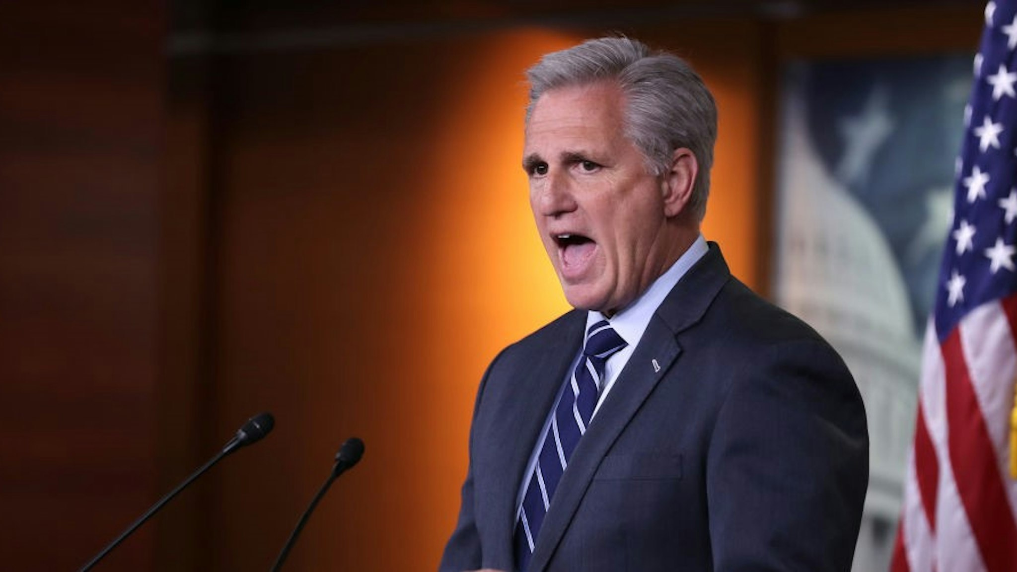 WASHINGTON, DC - JUNE 13: House Minority Leader Kevin McCarthy (R-CA) holds his weekly news conference at the U.S. Capitol June 13, 2019 in Washington, DC. In the wake of remarks by President Donald Trump that he would accept compromising information about a political opponent from a foreign power, McCarthy said that he would support legislation proposed by Democrats that would require people to report to the FBI if they are approached with offers of that information. (Photo by