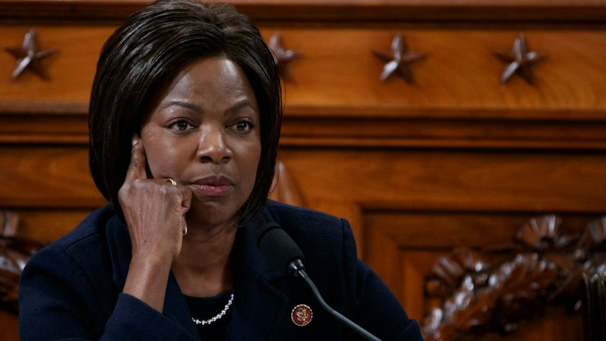 WASHINGTON, DC - NOVEMBER 19: Rep. Val Demings (D-FL) questions former State Department special envoy to Ukraine Kurt Volker and former National Security Council Senior Director for European and Russian Affairs Tim Morrison during testimony before the House Intelligence Committee in the Longworth House Office Building on Capitol Hill November 19, 2019 in Washington, DC. The committee heard testimony during the third day of open hearings in the impeachment inquiry against U.S. President Donald Trump, whom House Democrats say held back U.S. military aid for Ukraine while demanding it investigate his political rivals. (Photo by
