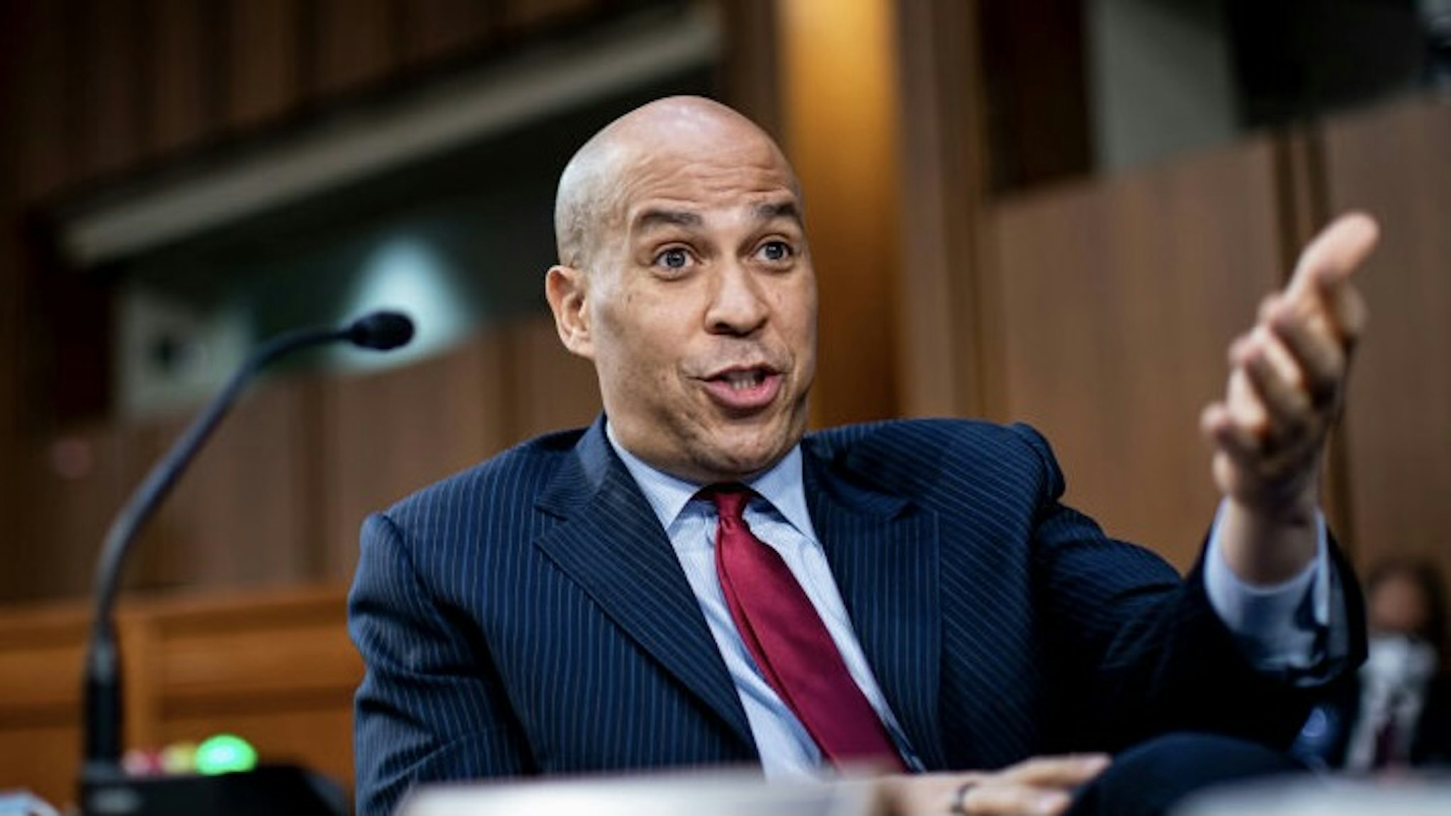 WASHINGTON, DC - FEBRUARY 22: Sen. Cory Booker (D-NJ) speaks during Attorney General nominee Merrick Garland's confirmation hearing before the Senate Judiciary Committee in the Hart Senate Office Building on February 22, 2021 in Washington, DC. Garland previously served as the Chief Judge for the U.S. Court of Appeals for the District of Columbia Circuit.(Photo by Al Drago/Getty Images)