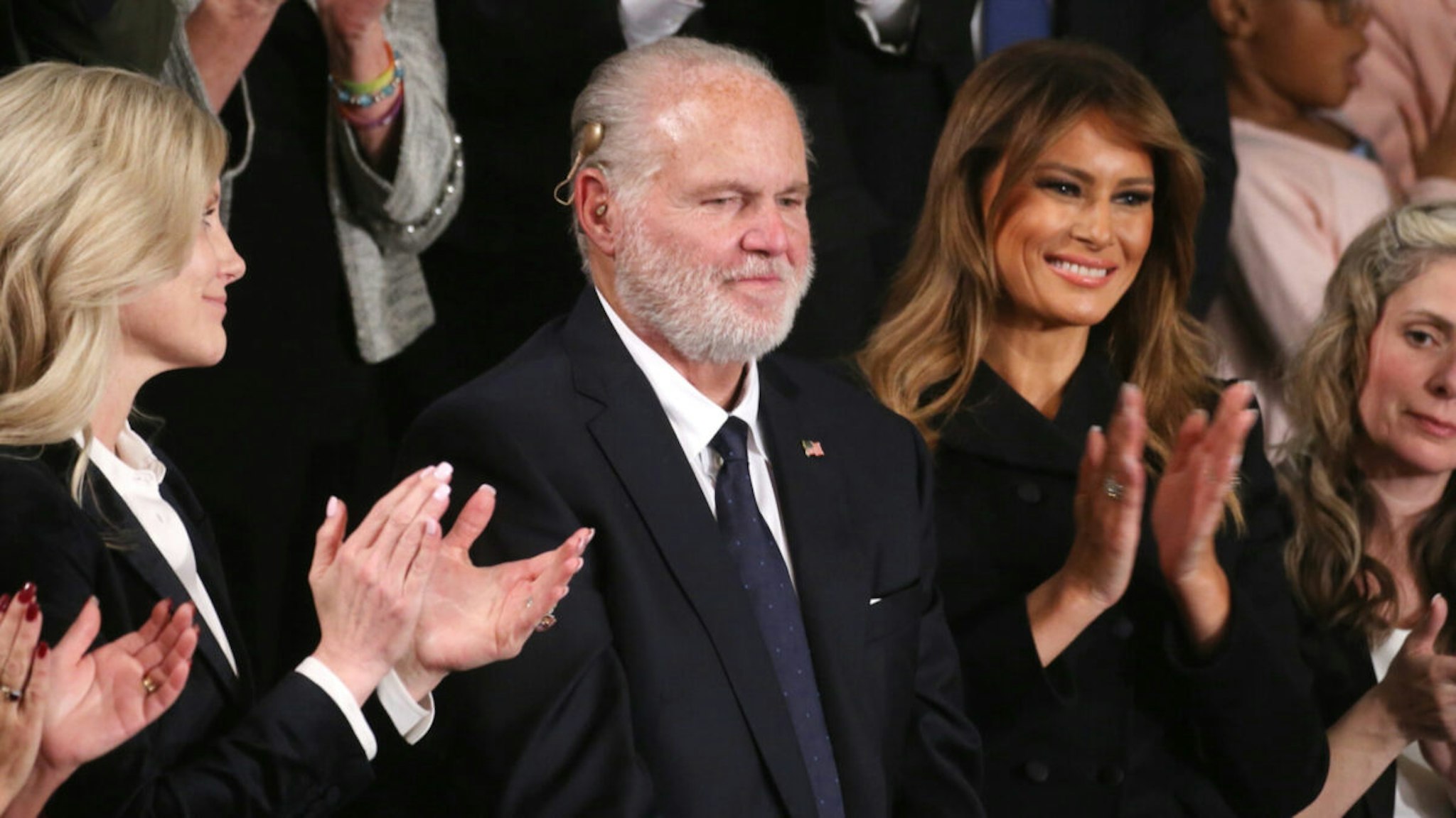 Radio personality Rush Limbaugh and wife Kathryn (L) attend the State of the Union address with First Lady Melania Trump in the chamber of the U.S. House of Representatives on February 04, 2020 in Washington, DC.