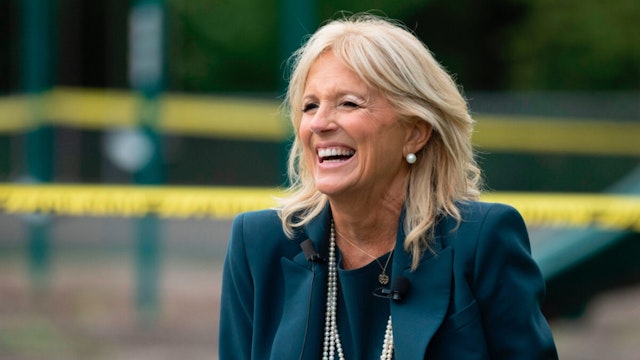 Jill Biden, the wife of Democratic presidential candidate Joe Biden, speaks during a Back to School Tour at Shortlidge Academy in Wilmington, Delaware, on September 1, 2020.