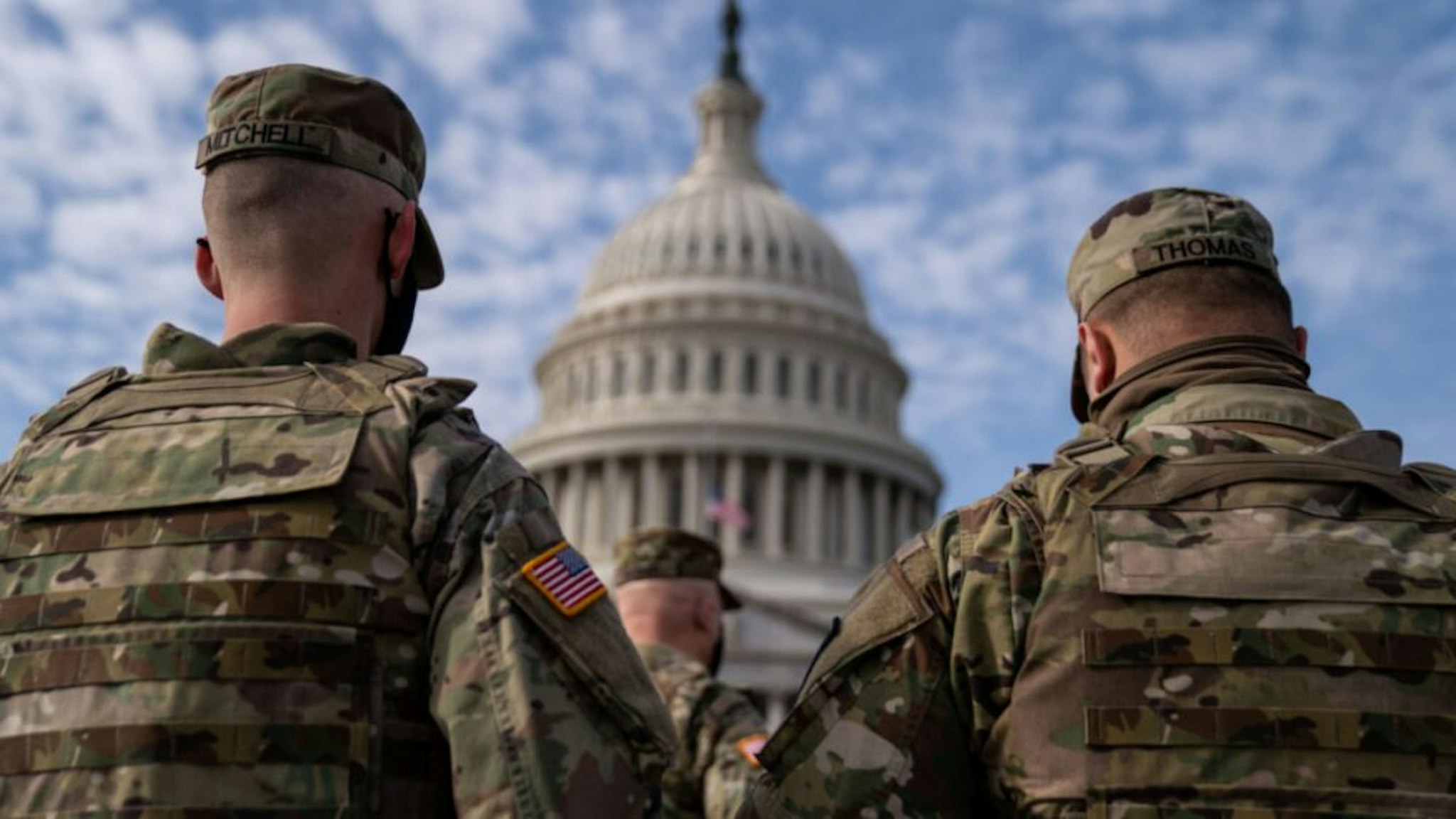 Members of the National Guard in the plaza in front of the U.S. Capitol Building on Sunday, Jan. 17, 2021 in Washington, DC.