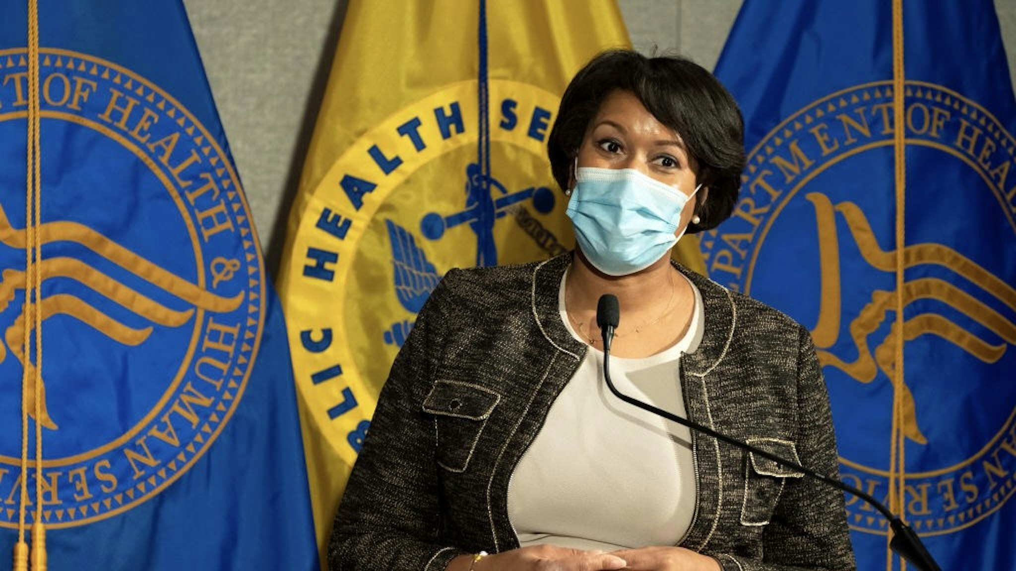 District of Columbia Mayor Muriel Bowser speaks during a news conference about the COVID-19 vaccine with Health and Human Services Secretary Alex Azar and Surgeon General Jerome Adams at George Washington University Hospital, Monday, Dec. 14, 2020, in Washington