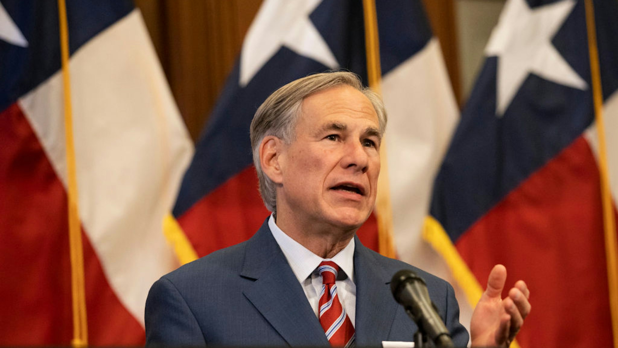 AUSTIN, TX - MAY 18: (EDITORIAL USE ONLY) Texas Governor Greg Abbott announces the reopening of more Texas businesses during the COVID-19 pandemic at a press conference at the Texas State Capitol in Austin on Monday, May 18, 2020. Abbott said that childcare facilities, youth camps, some professional sports, and bars may now begin to fully or partially reopen their facilities as outlined by regulations listed on the Open Texas websit