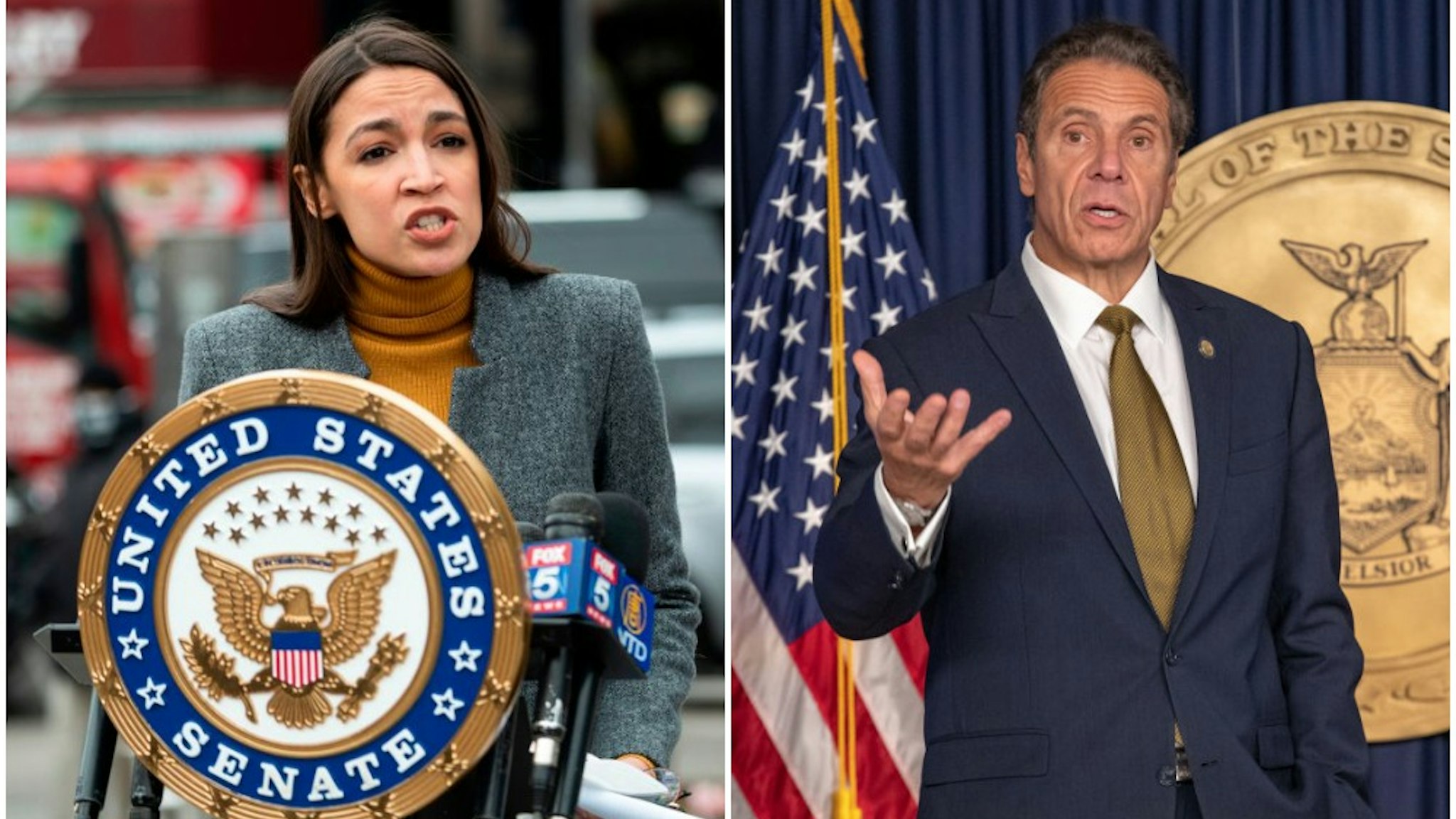 Photo of Alexandria Ocasio-Cortez by JOHANNES EISELE/AFP via Getty Images. Photo of Andrew Cuomo by Jeenah Moon/Bloomberg via Getty Images